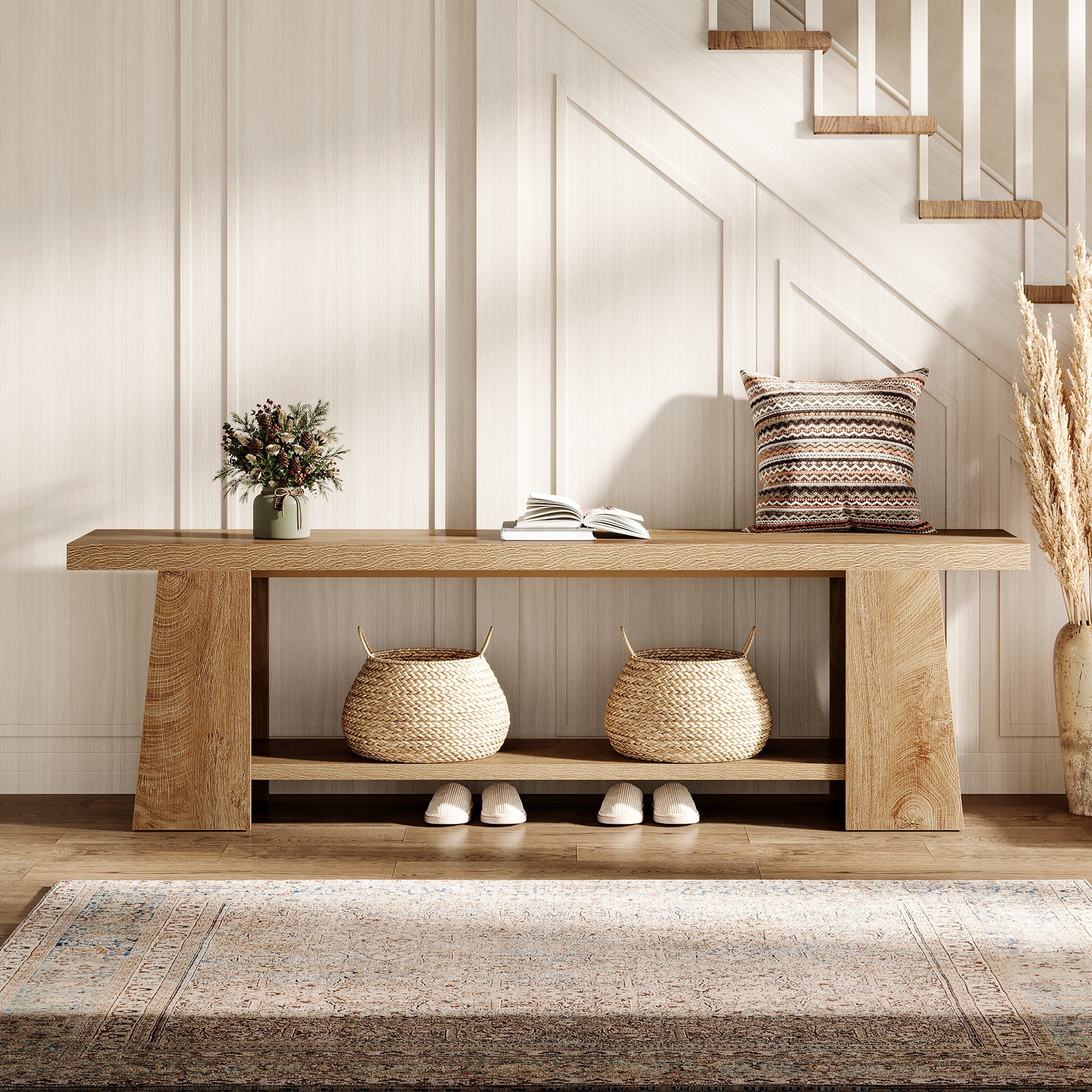 59" 2-Tier Entryway Bench, Shoe Bench End of Bed Bench with Storage Shelves