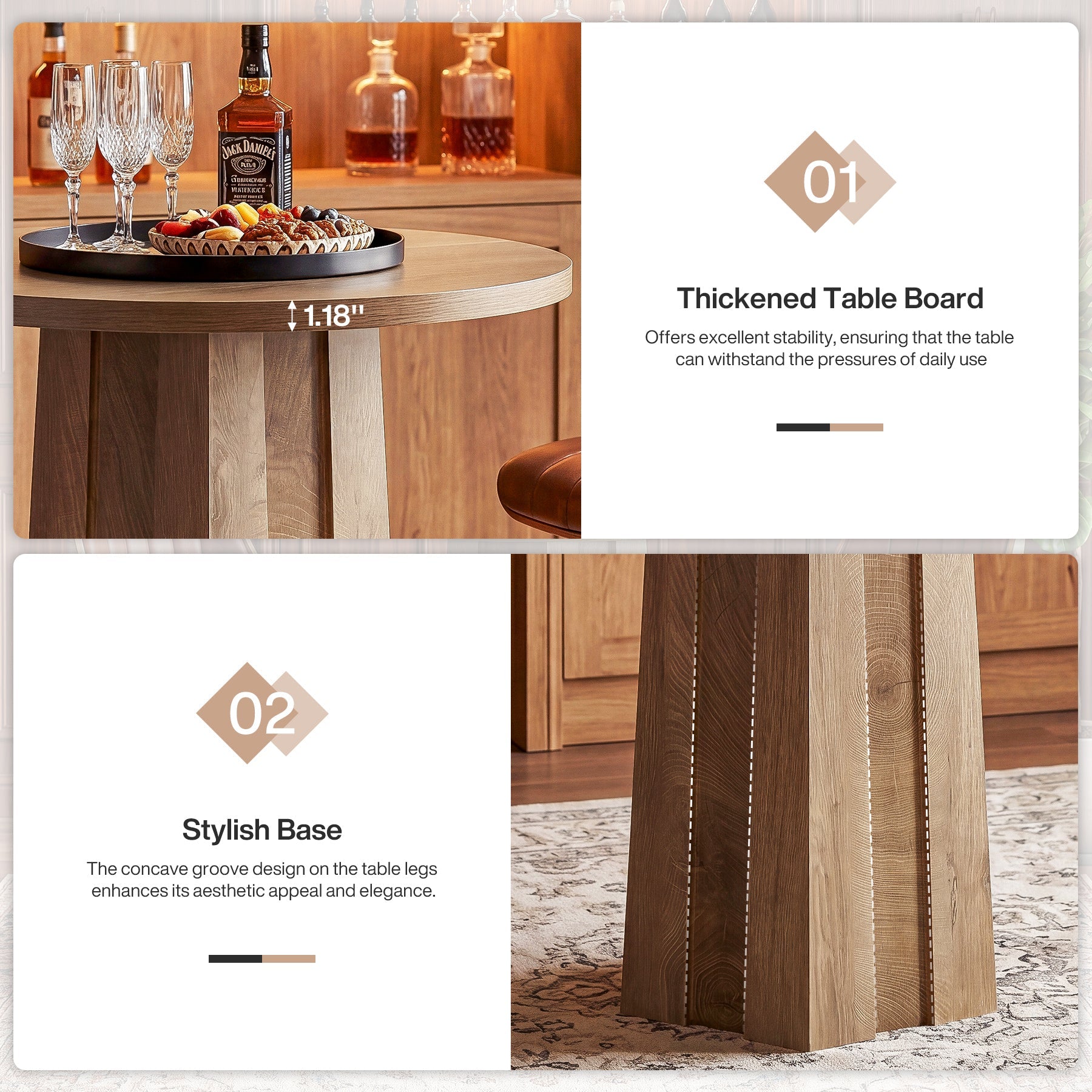31.5" Round Bar Table, Bistro Pub Table with Fluted Pedestal Base for Small Spaces