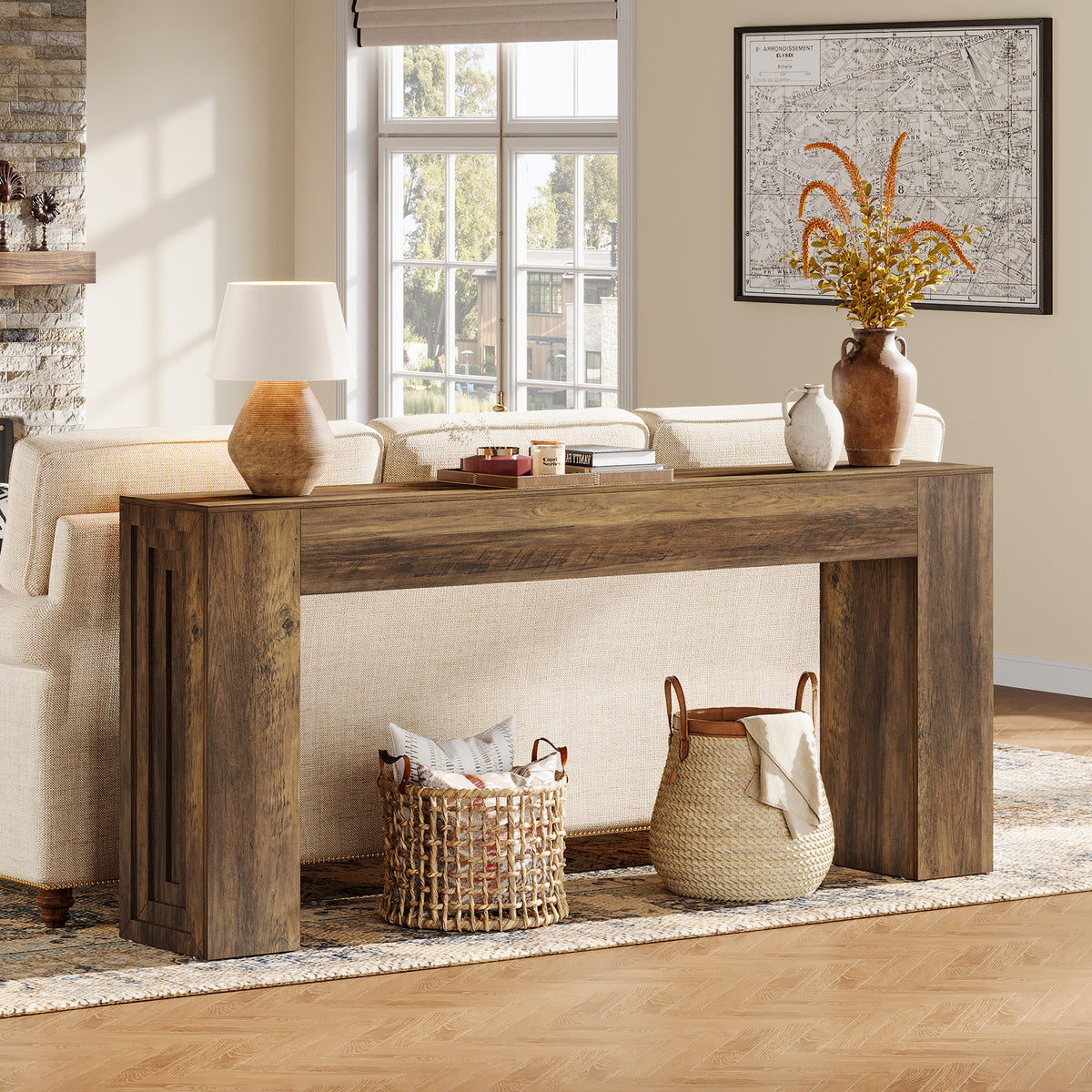 63" Farmhouse Console Table, Narrow Sofa Table with Natural Brown Finish for Entryway
