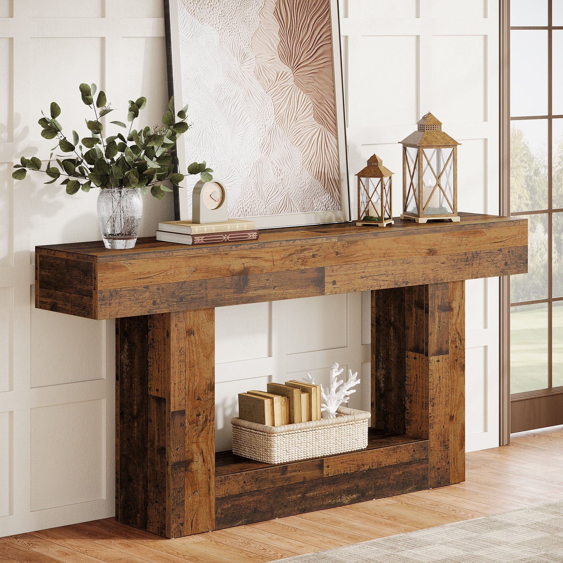 63" Distressed Wood Console Table, 2-Tier Sofa & Entry Table