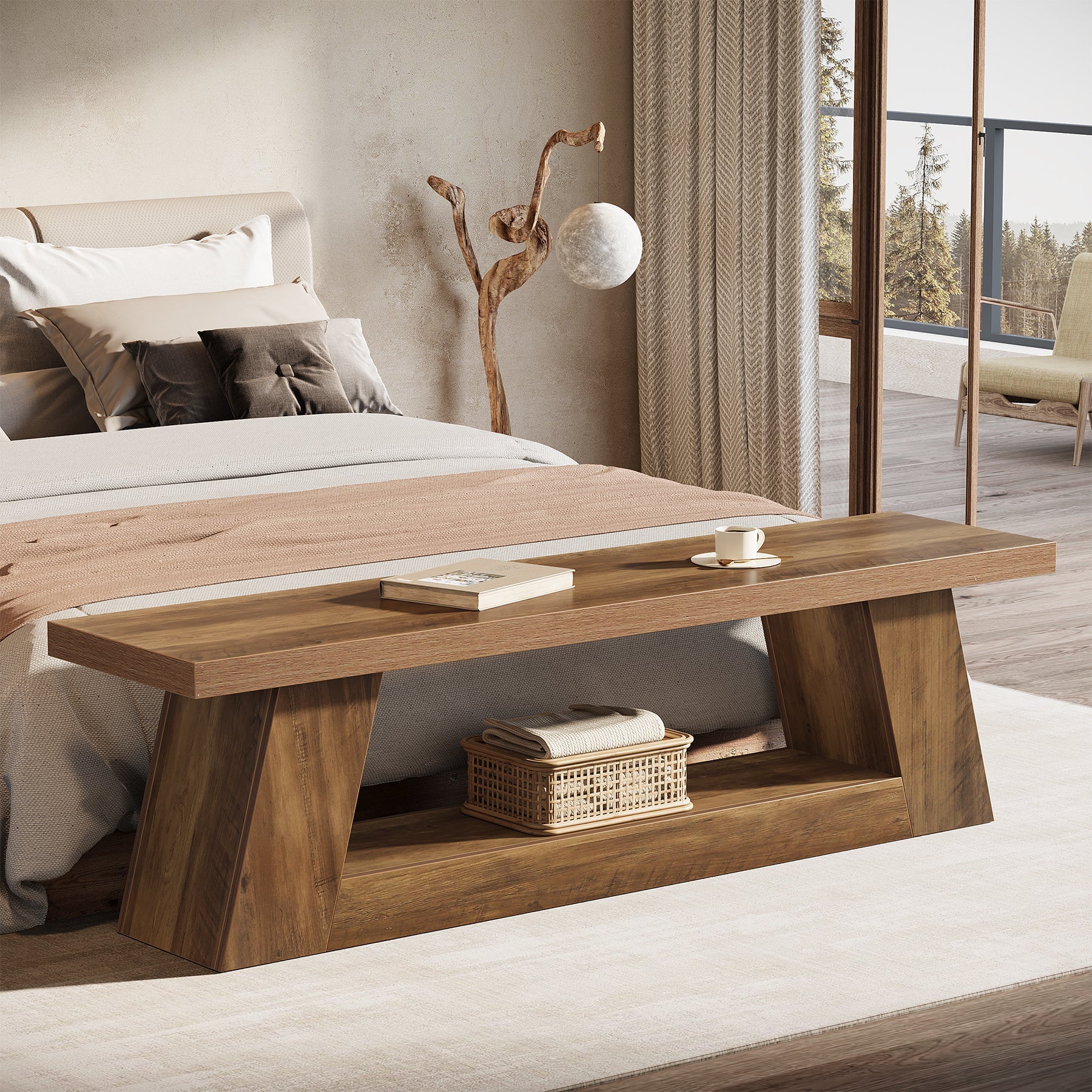 63" Entryway Bench with Storage Shelf, 2-Tier End of Bed Bench