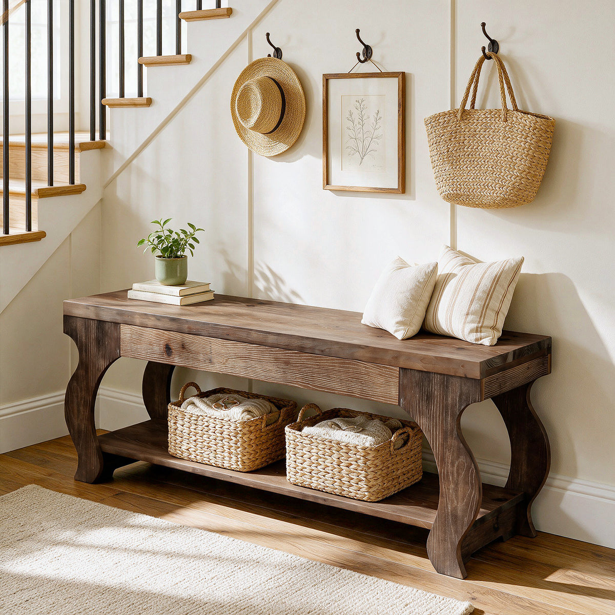140cm Entryway Bench, Solid Wood 2-Tier Farmhouse Storage Shelf
