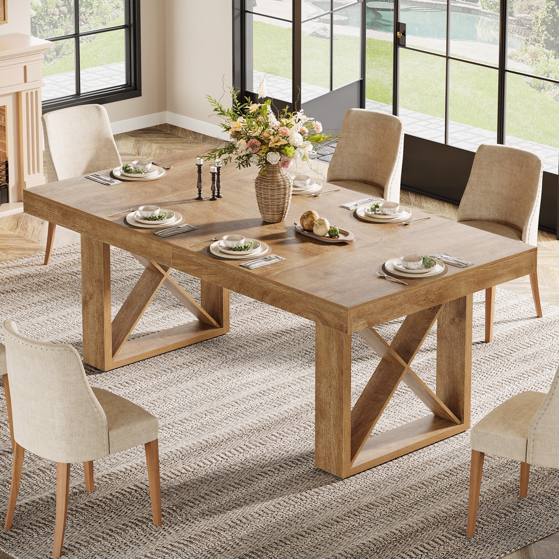 63" Dining Table for 4 People, Farmhouse Kitchen Table with Thick Top for Dining Room Living Room