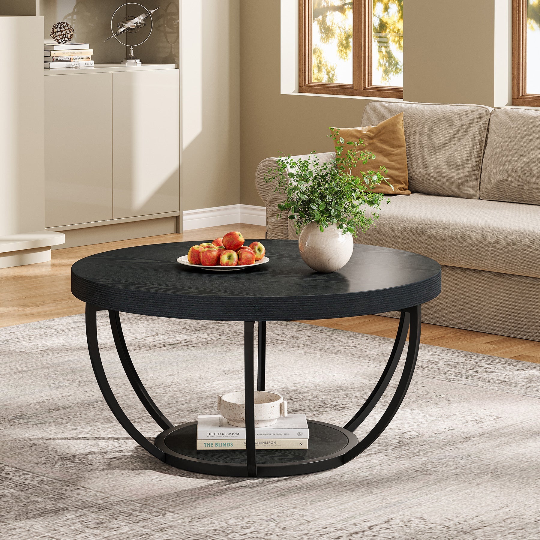 31.69" Round Wooden Coffee Table, 2-Tier Central Cocktail Table with Shelves