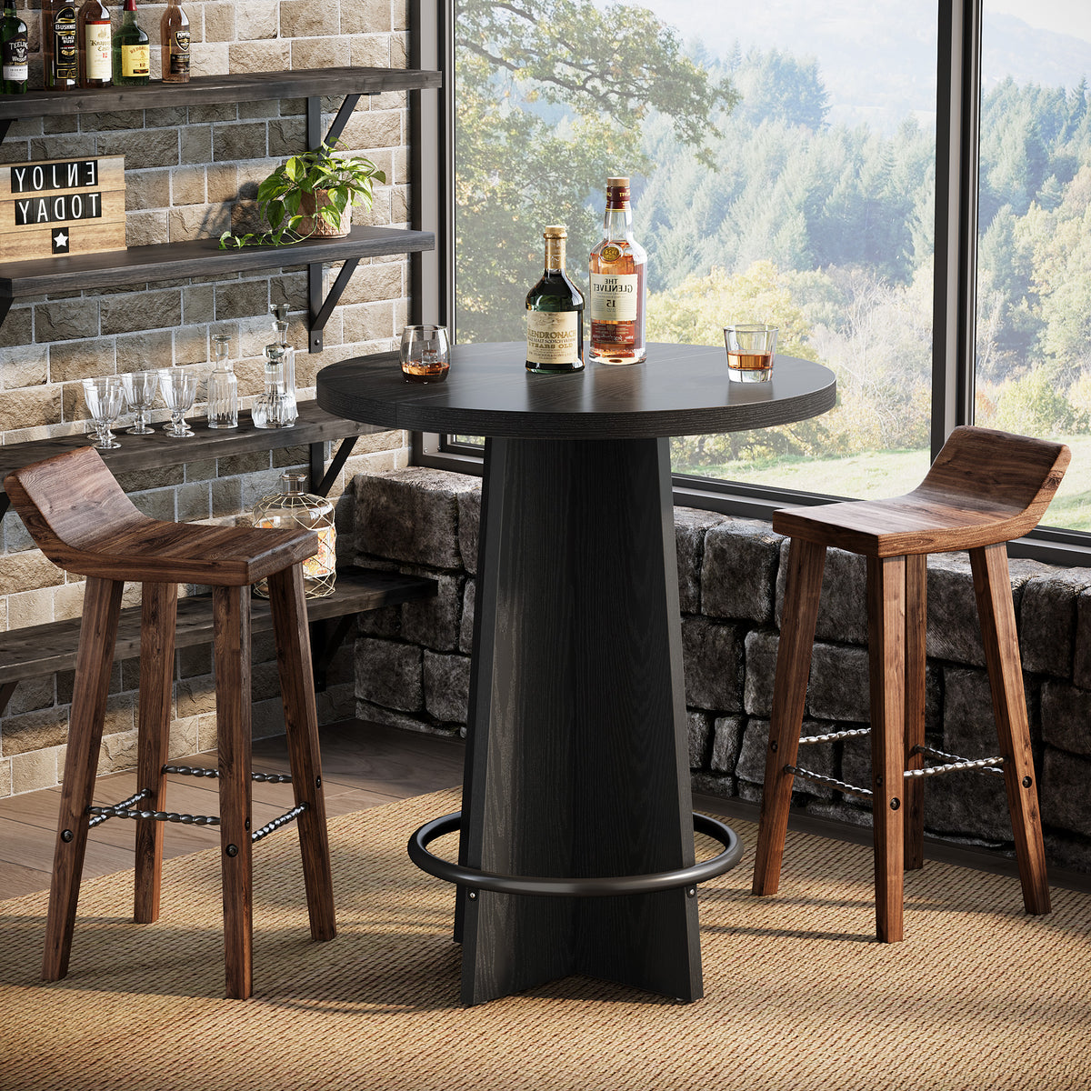 95cm Round Bar Table, Wooden Bistro Pub Table with Footrest