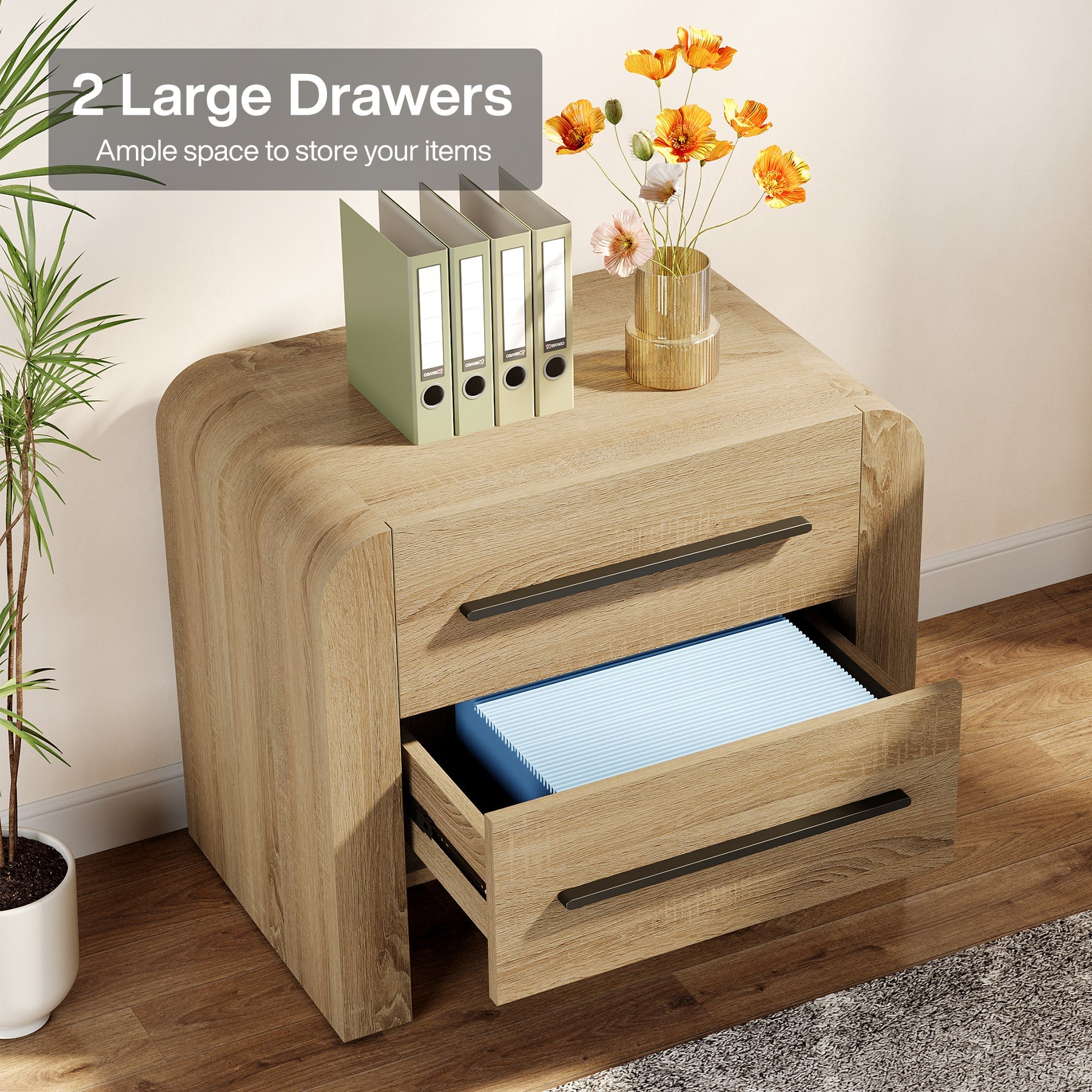 27.55" Nightstand with 2 Drawers, Modern Curved Bedside Table with Storage