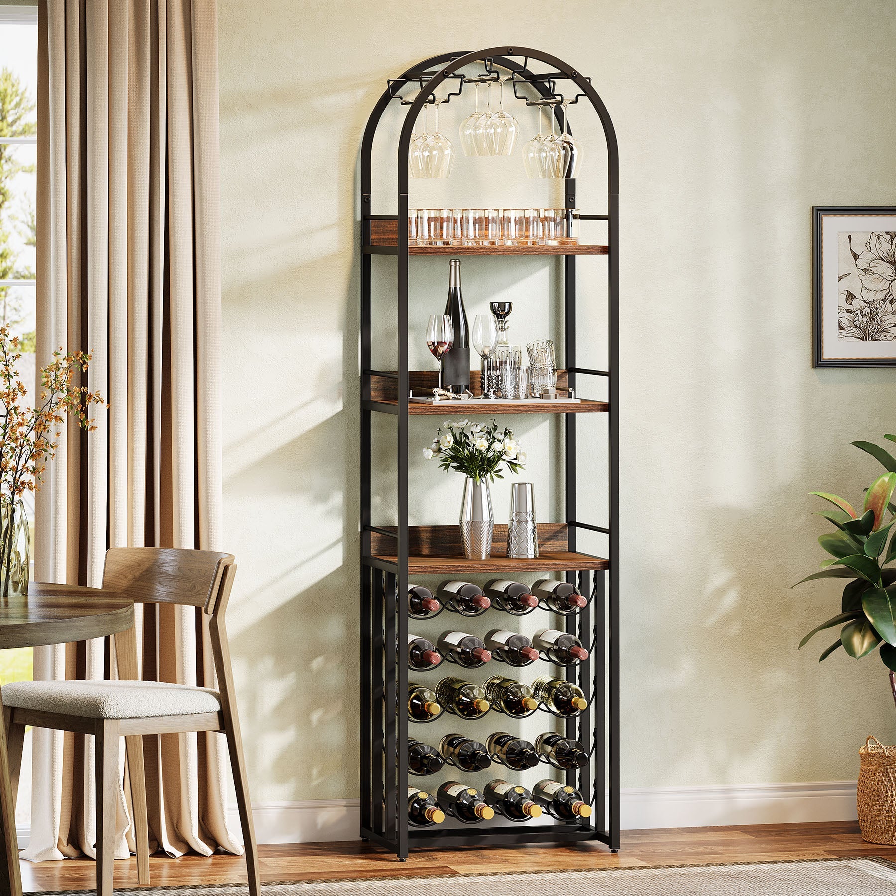 72.04" Tall Wine Rack with Glass Holder, Industrial Metal Wine Storage Stand with Tabletop