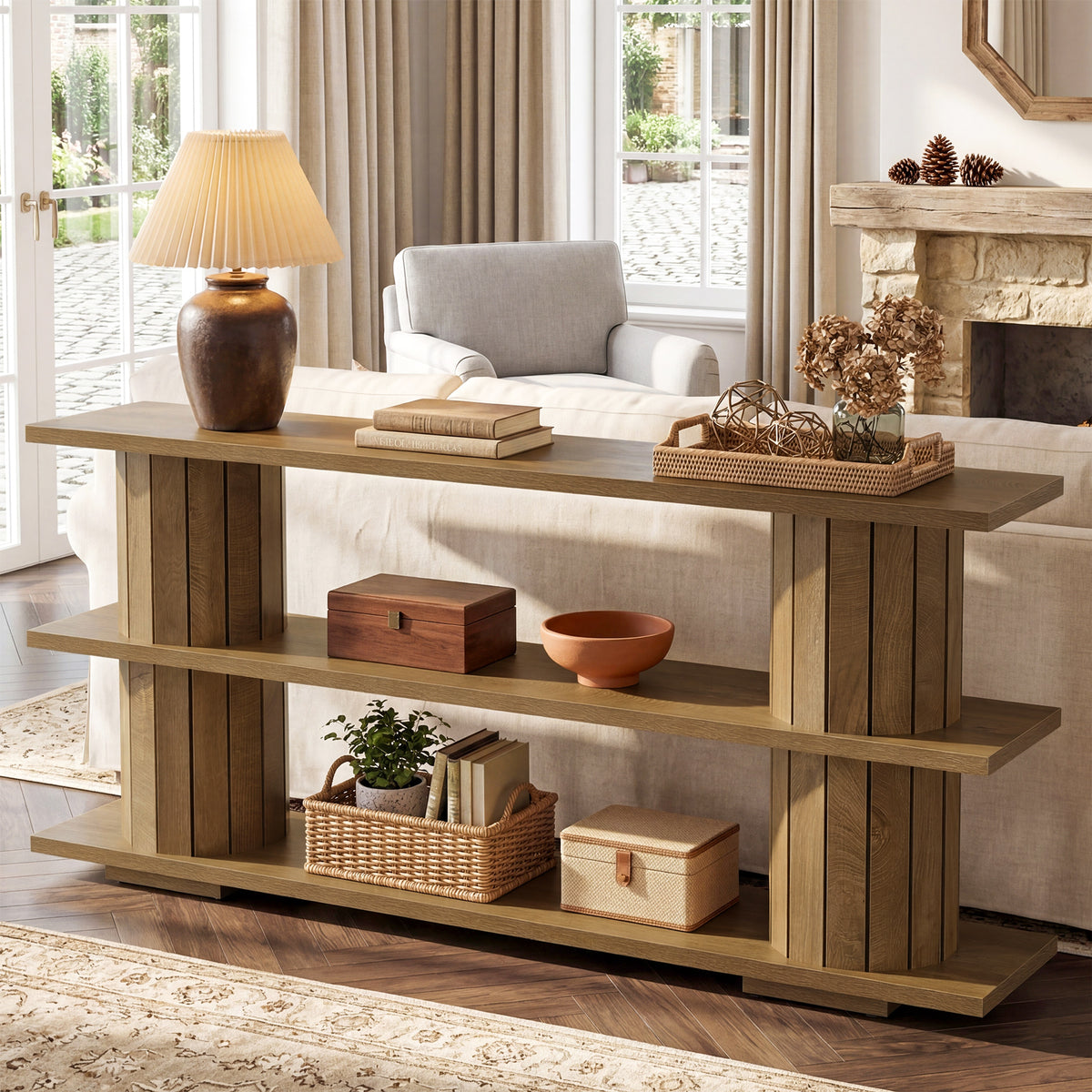 160cm Console Table, 3-Tier Storage Narrow Hallway Table for Living Room Entryway