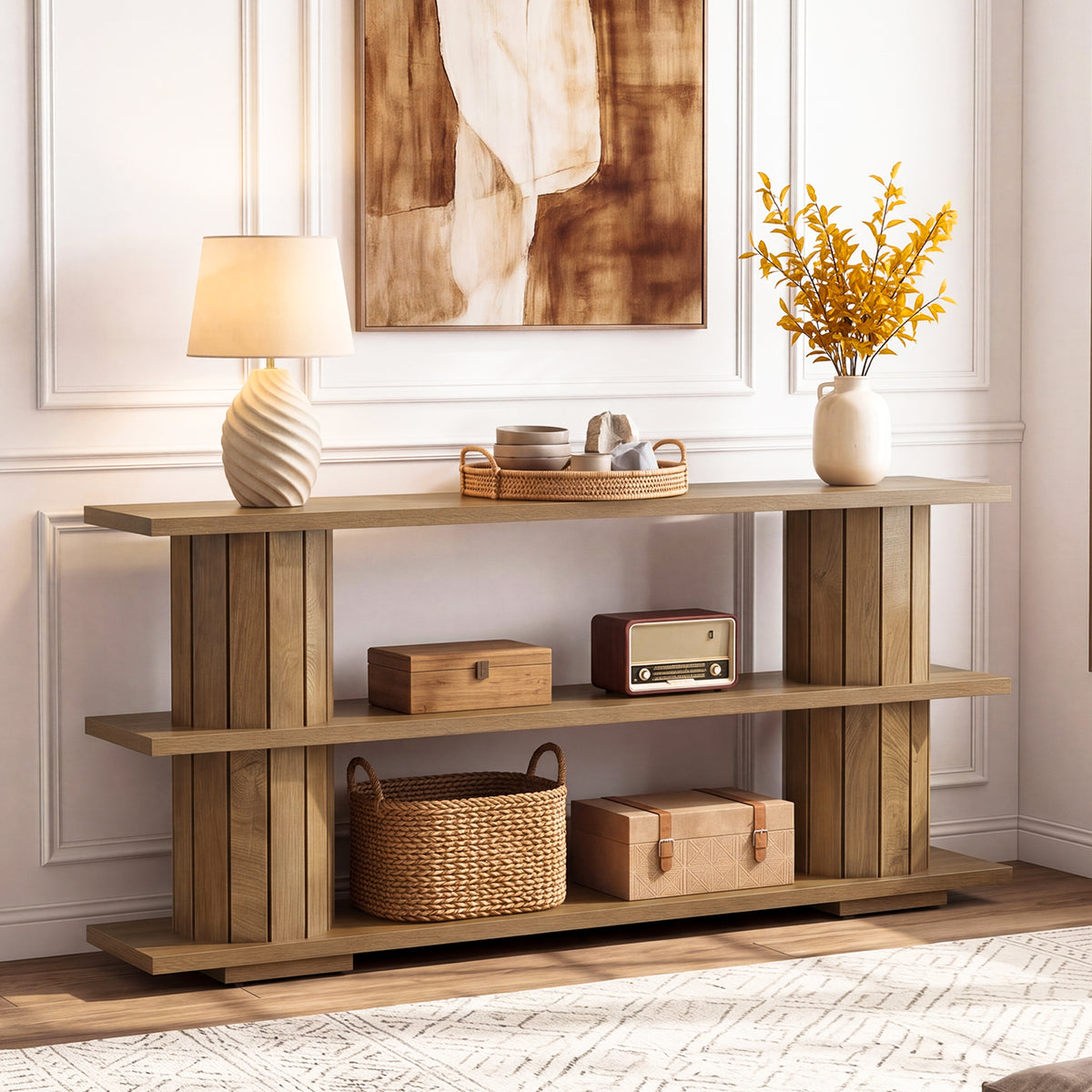 160cm Console Table, 3-Tier Storage Narrow Hallway Table for Living Room Entryway