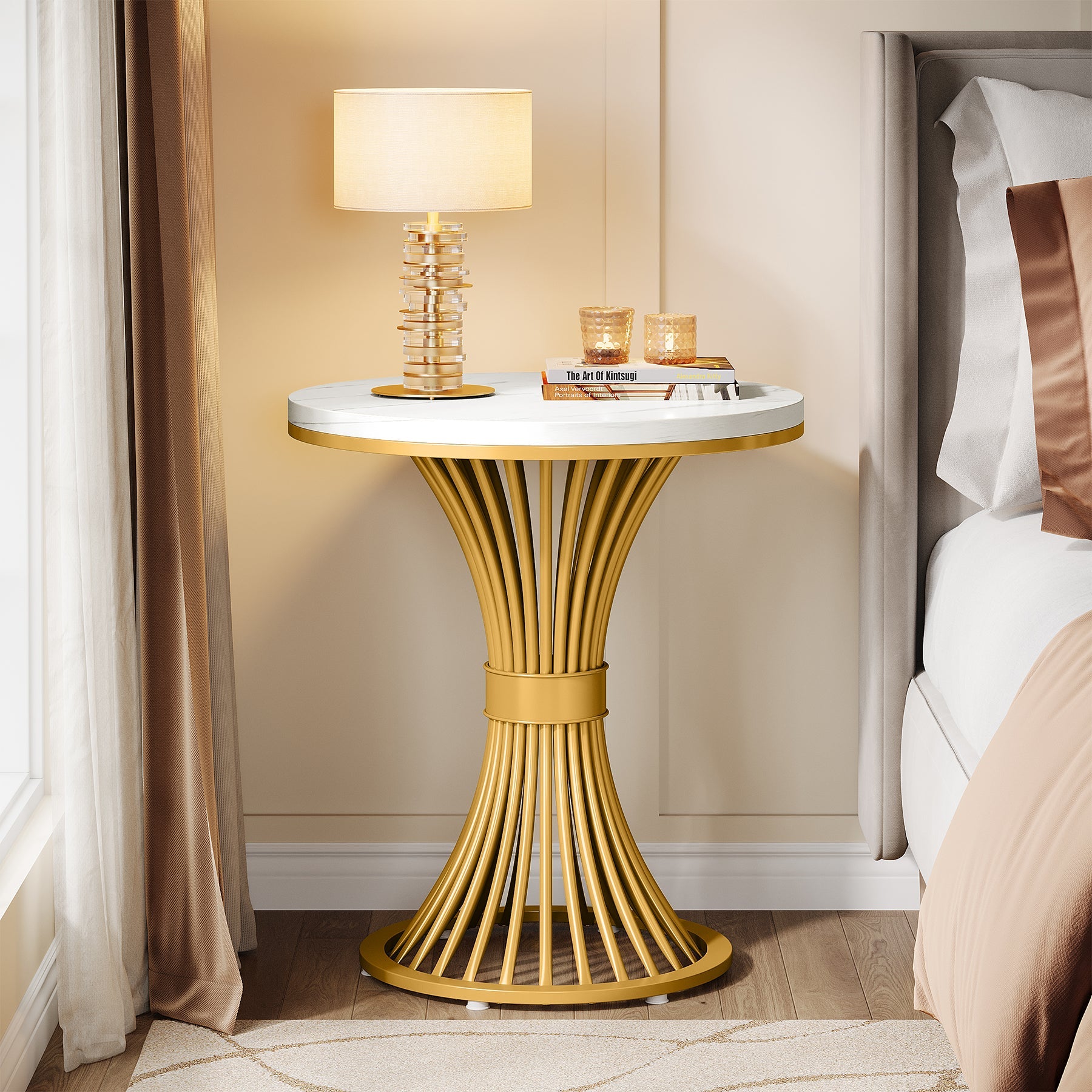 Tribesigns 20-Inch Round End Table, Faux Marble Side Table with Gold Metal Base