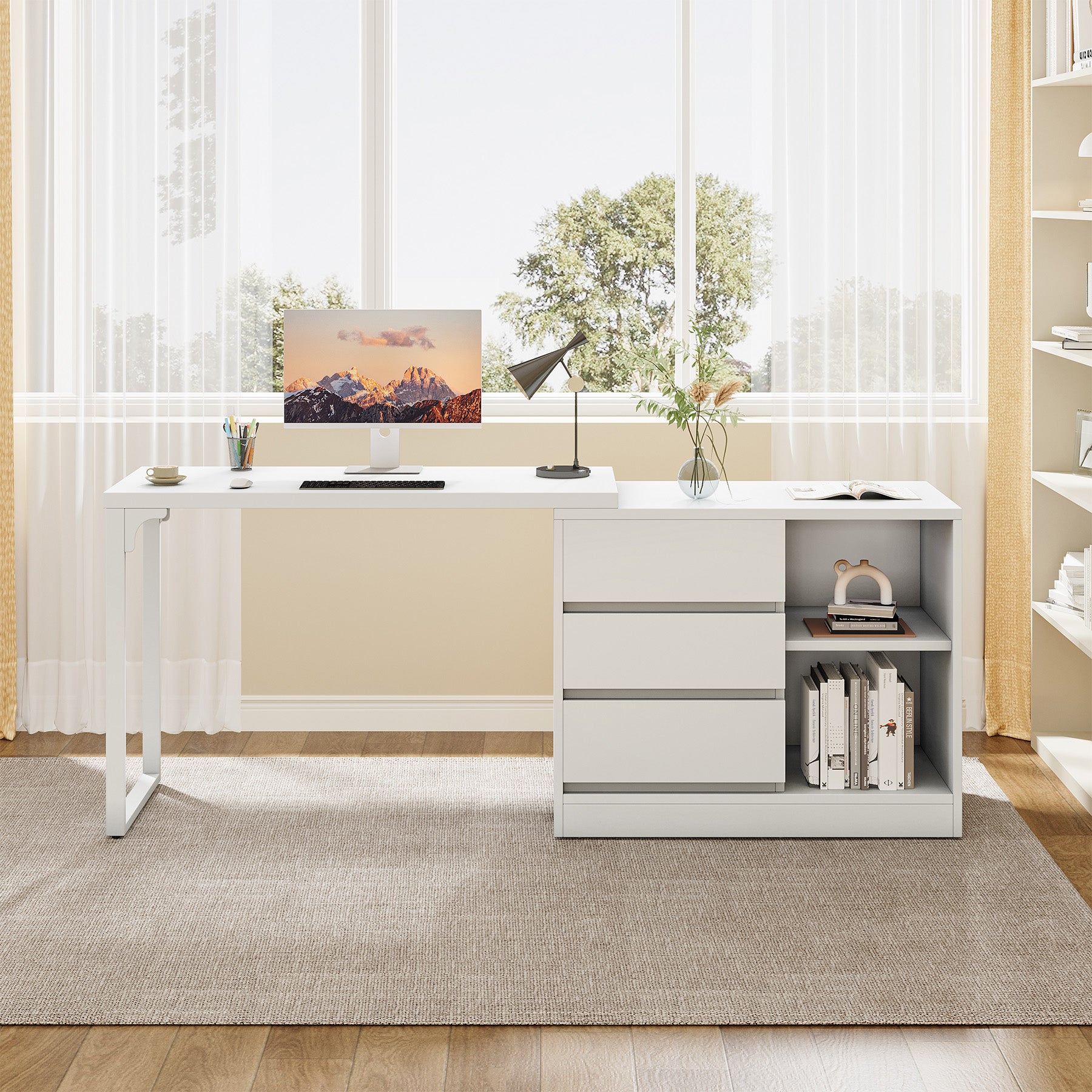 L-Shaped Computer Desk, Reversible Corner Desk With Drawer Cabinet