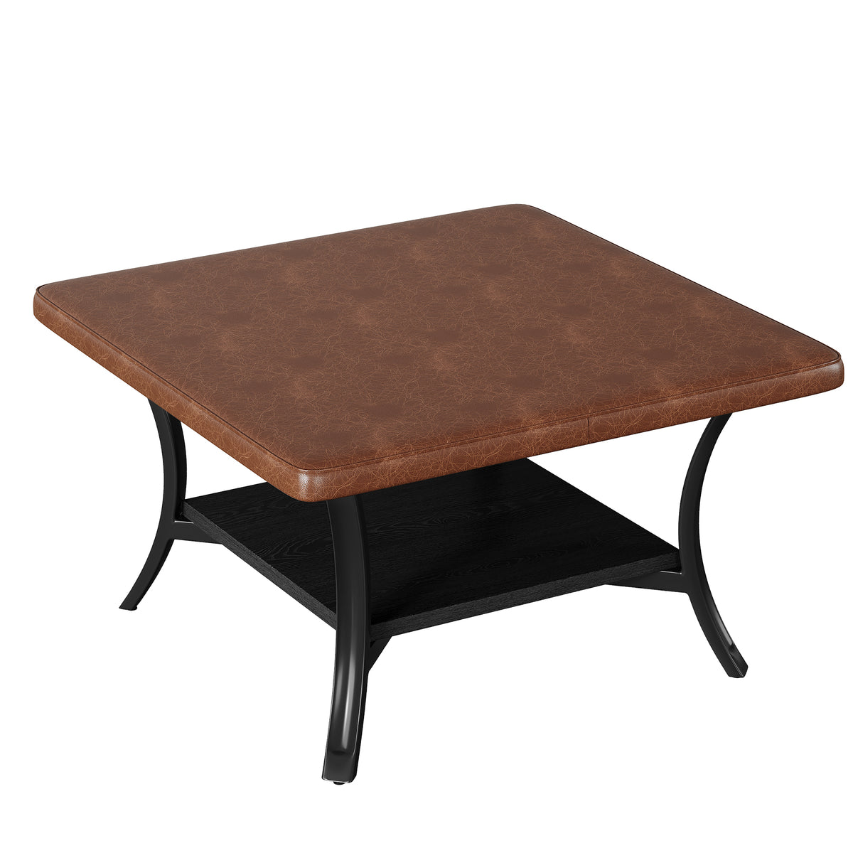 80cm Square Coffee Table, PU Leather Storage Ottoman with Shelf
