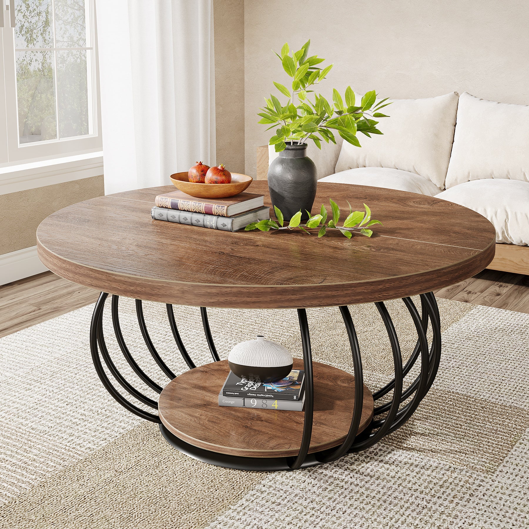 39" Round Coffee Table - 2-Tier Industrial Cocktail Table with Metal Frame, Rustic Brown & Black