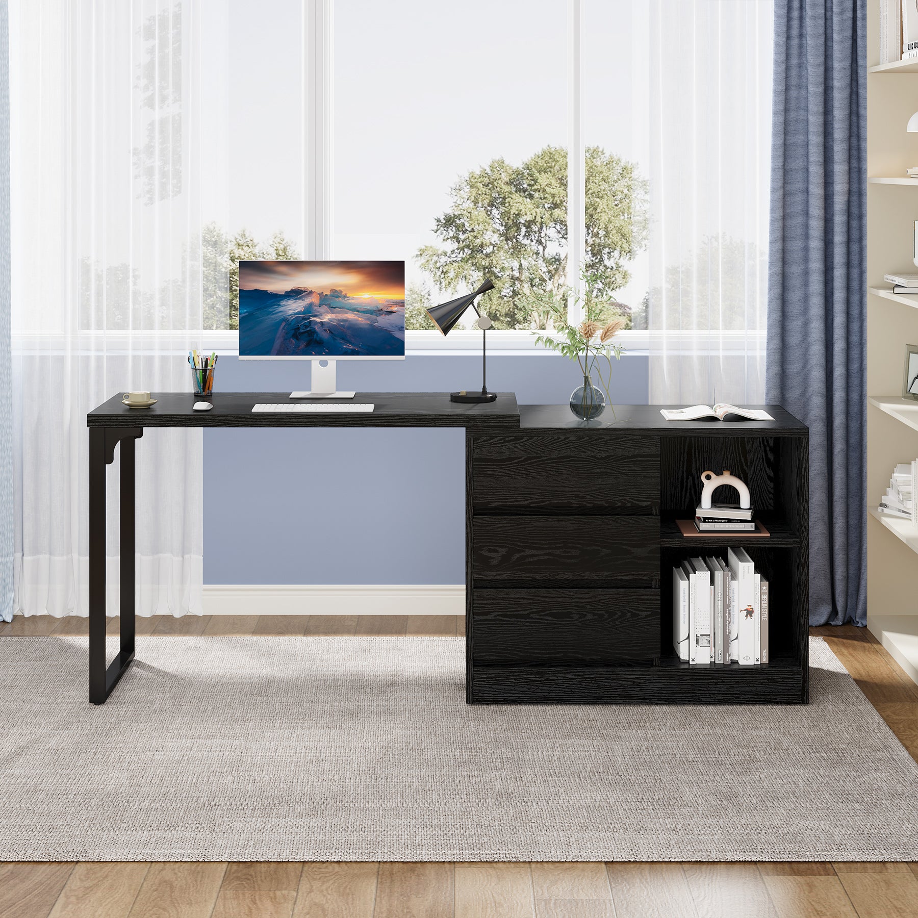 L-Shaped Computer Desk, Reversible Corner Desk With Drawer Cabinet