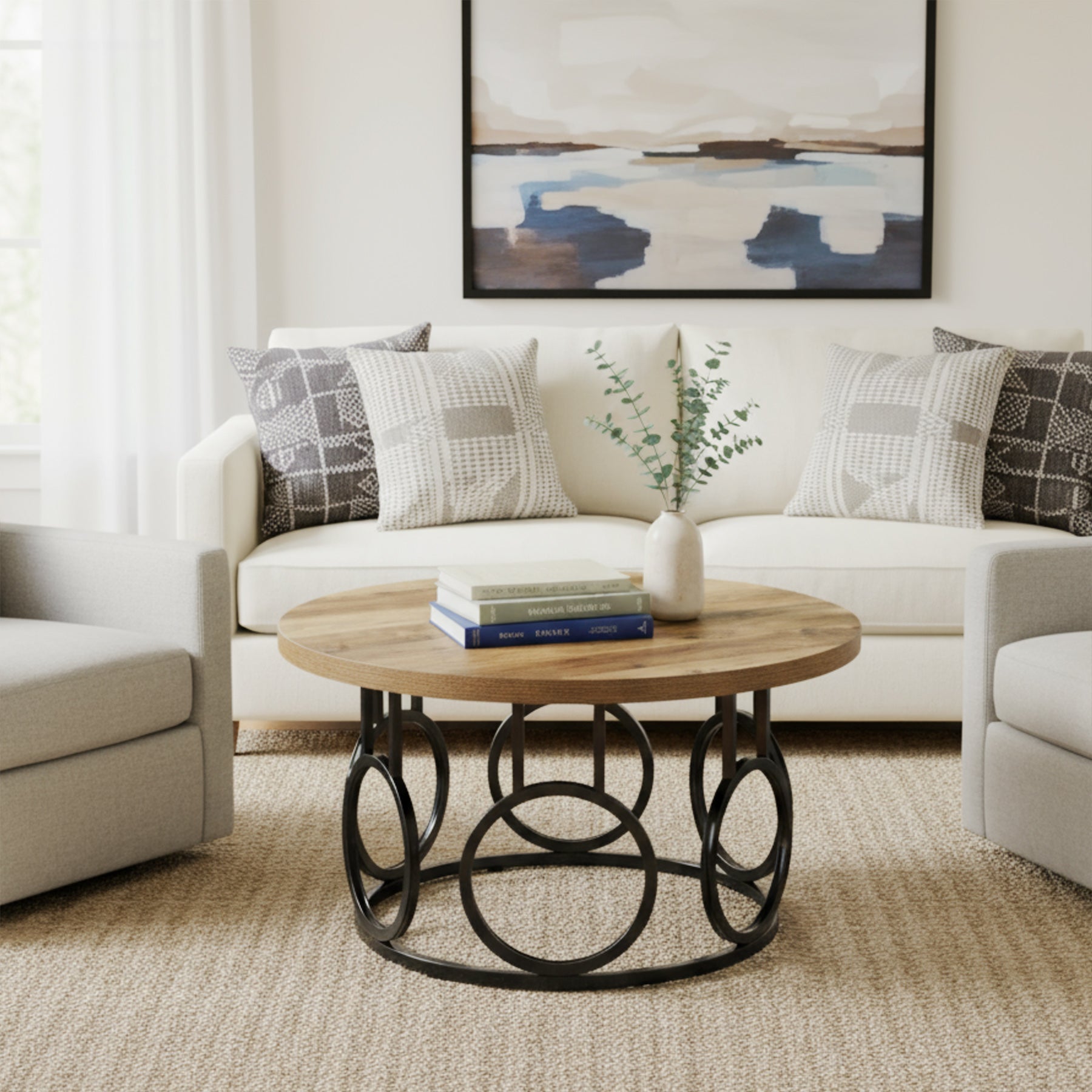31.5" Round Coffee Table, Rustic Wood Grain and Metal Base with Industrial Design