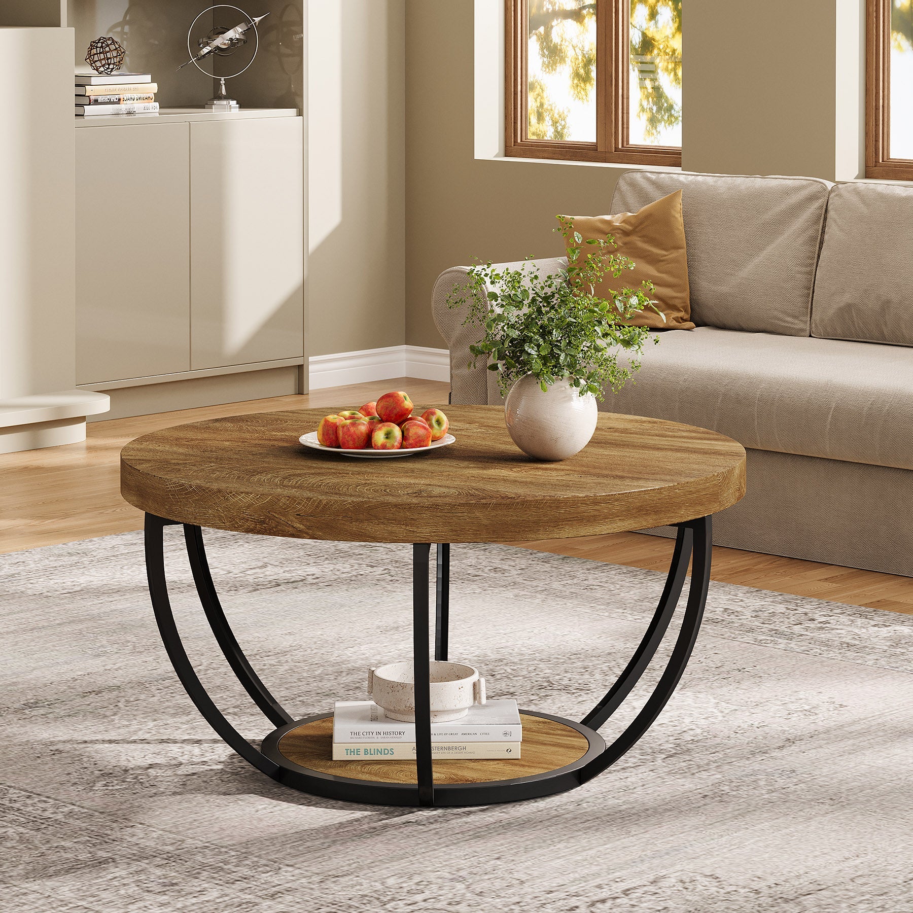 31.69" Round Wooden Coffee Table, 2-Tier Central Cocktail Table with Shelves