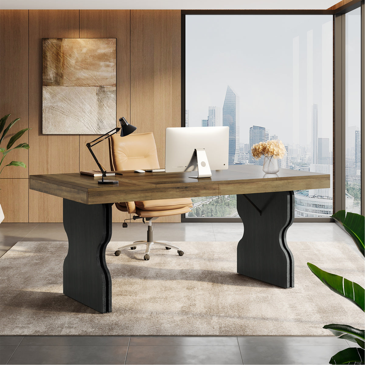 160cm Executive Desk, Farmhouse Wooden Home Office Desk with Hourglass Legs