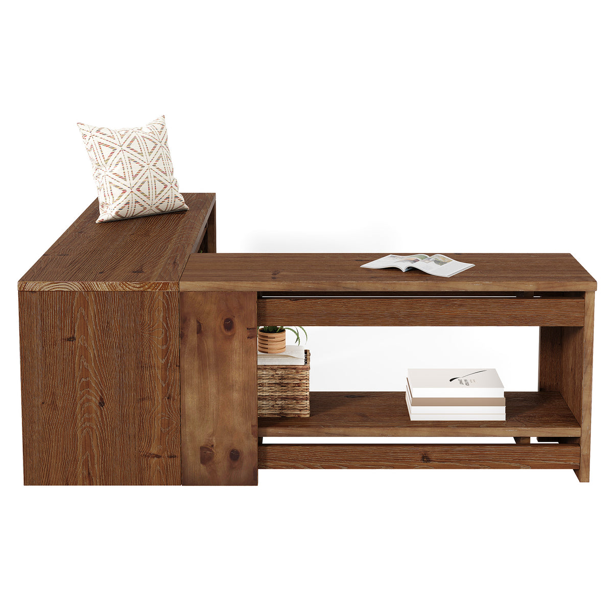 120cm L-Shaped Corner Dining Bench, Rustic Solid Wood with Storage Shelf for Breakfast Nook