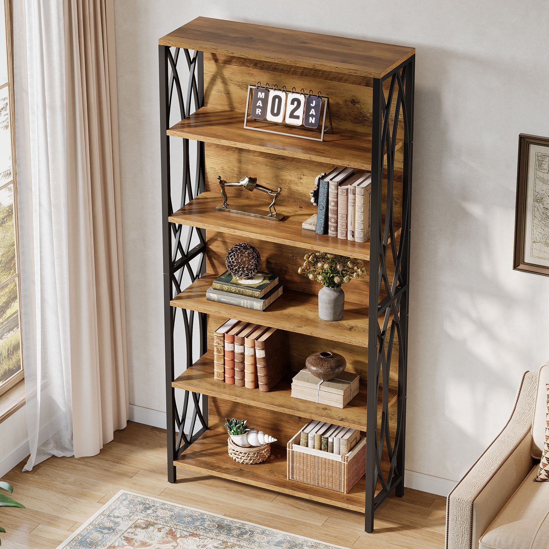 6-Tier Bookshelf, 70.87" Industrial Bookcase with Geometric Metal Frame