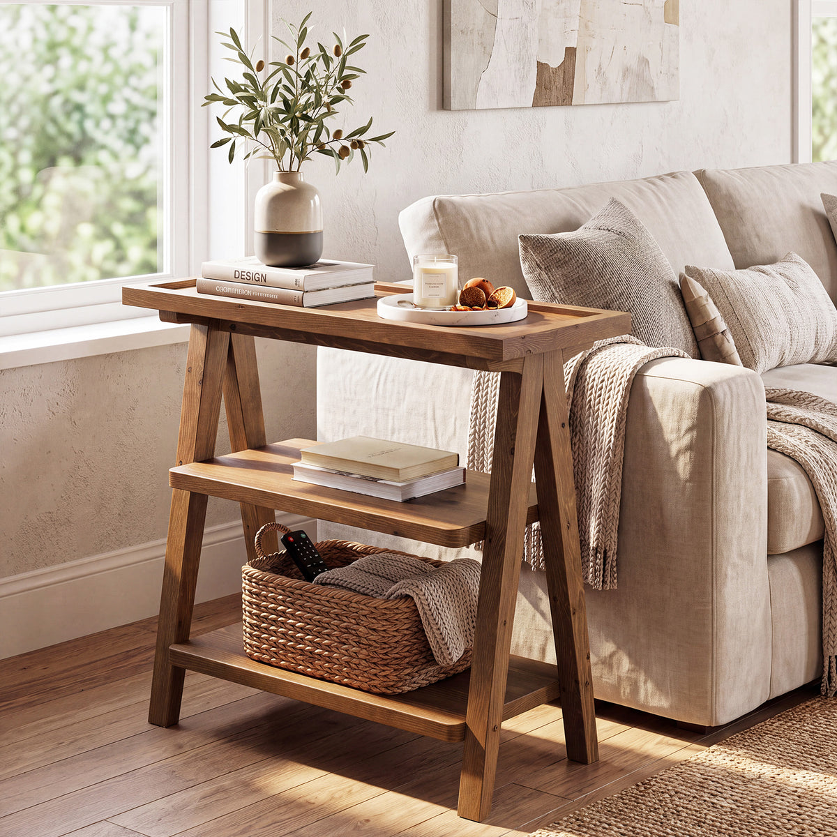 65cm Narrow Side Table, 3-Tier Solid Wood for Living Room