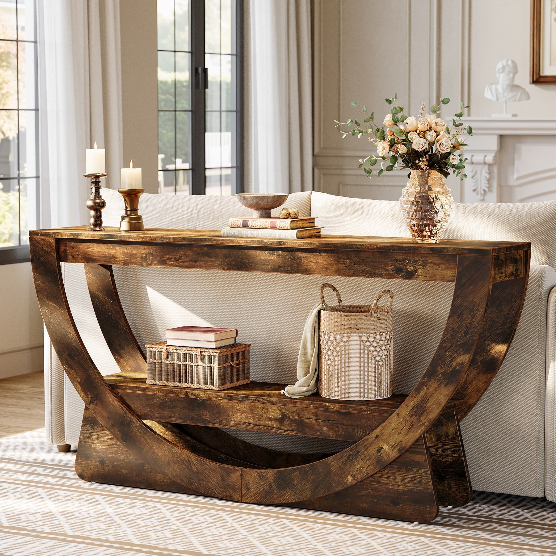 63" Farmhouse Console Table with 2 Shelves, Narrow Sofa Table in Dark Brown