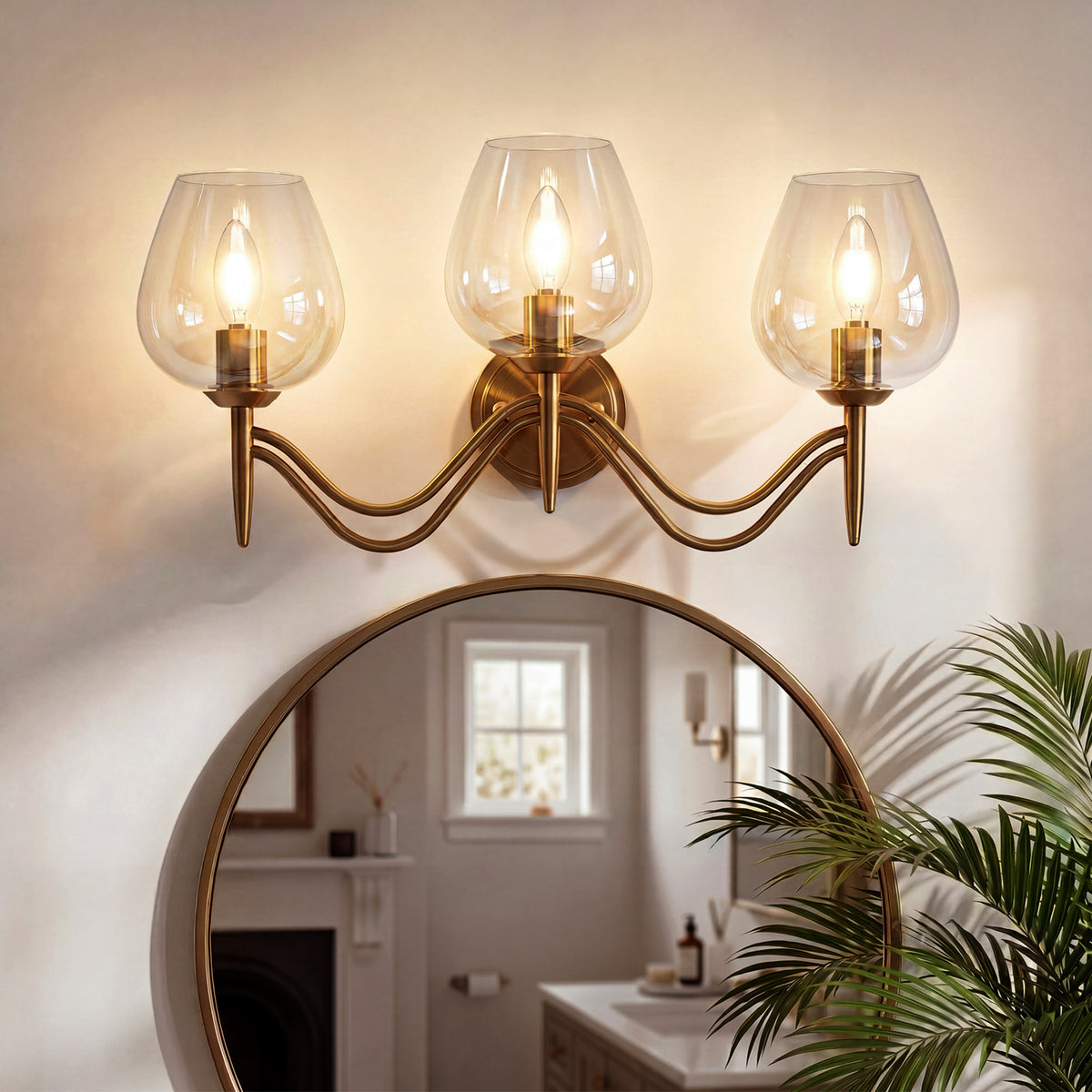 3-Light 22.8" Gold Bathroom Vanity Light, Clear Glass Wall Sconce