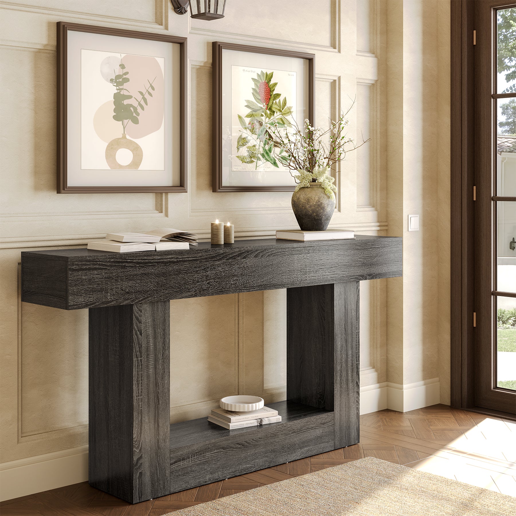 63" Distressed Wood Console Table, 2-Tier Sofa & Entry Table