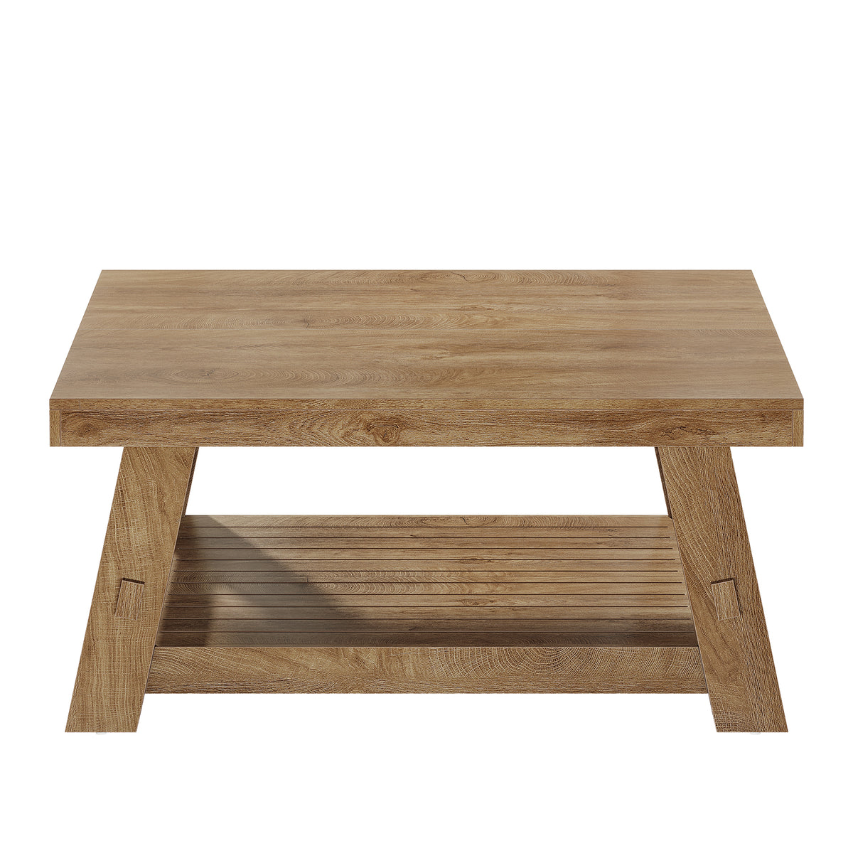 99cm Square Coffee Table, Farmhouse 2-Tier Slatted Storage Shelf