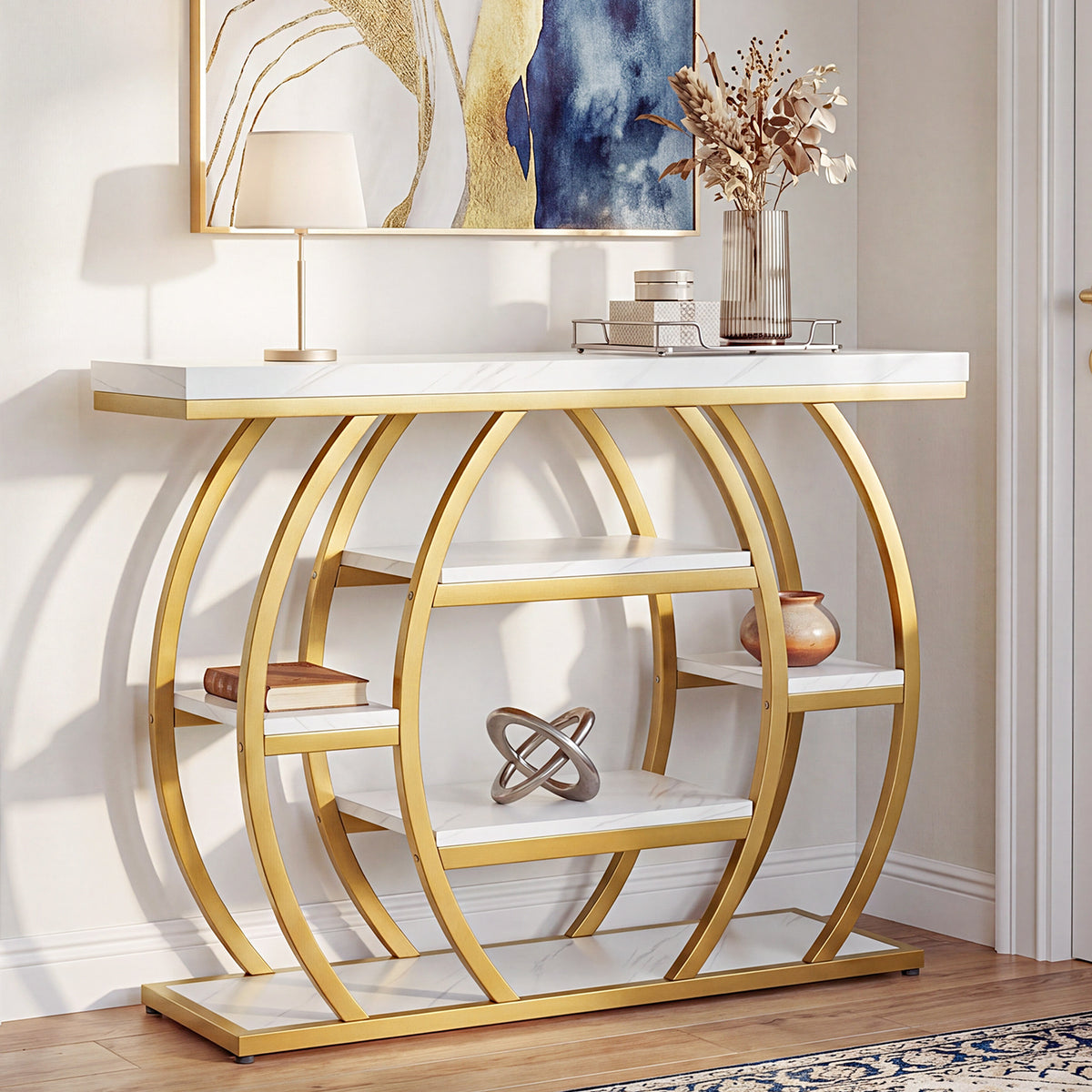 105cm Console Table, Narrow 5-Tier Entryway Table with Faux Marble Top & Arched Metal Frame