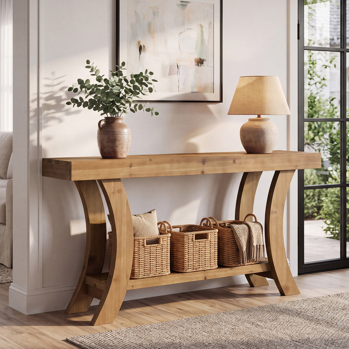 160cm Console Table, Solid Wood Hallway Table with Storage & Arched Frame