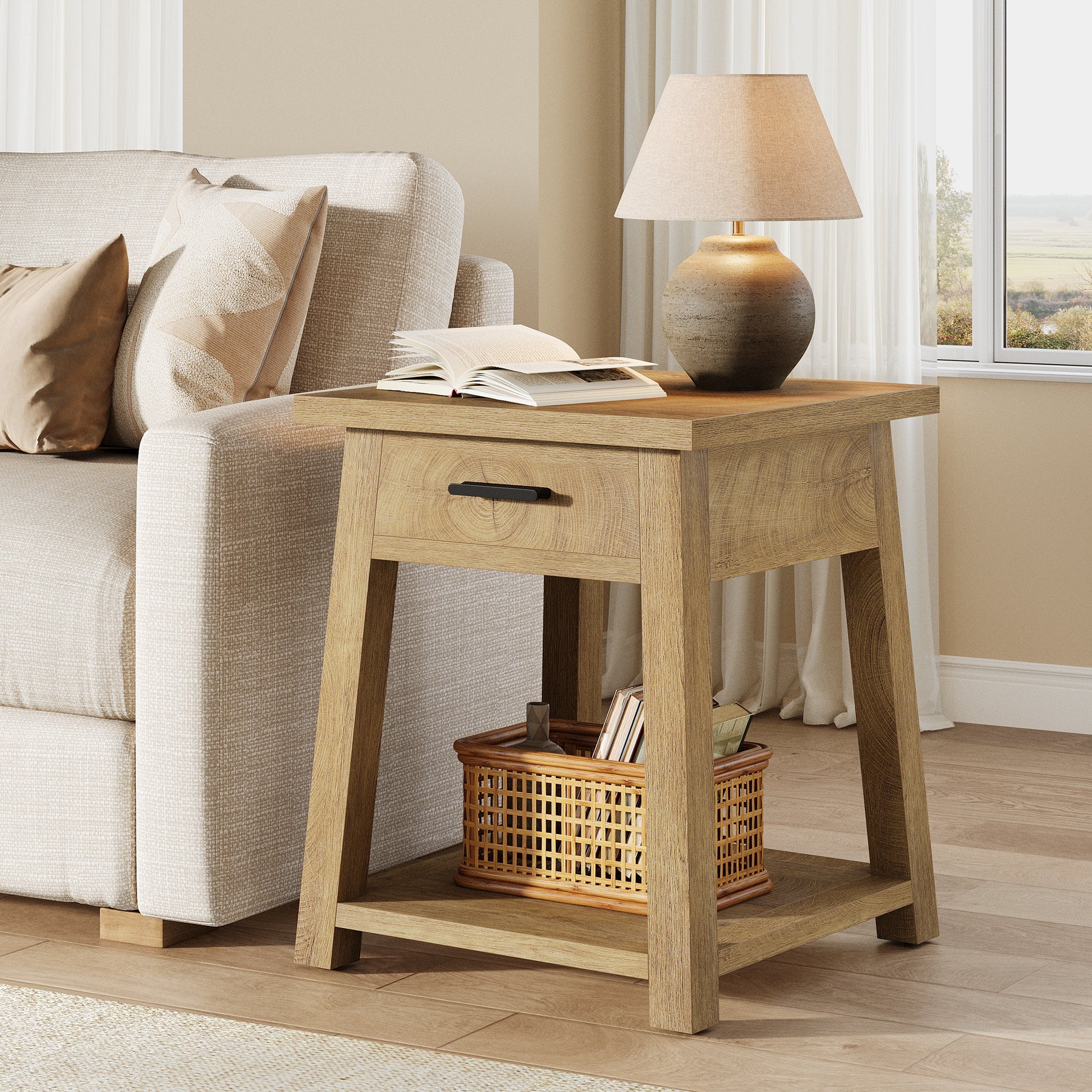 End Table with Drawer, 2 -Tier Wooden Side Table with Shelf Storage