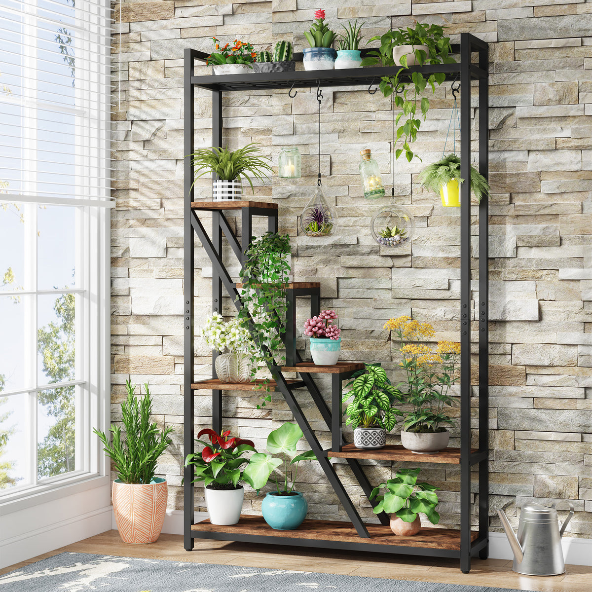 180cm Tall 7-Tier Plant Stand, Tall Flower Plant Shelf with 5 S-Hooks