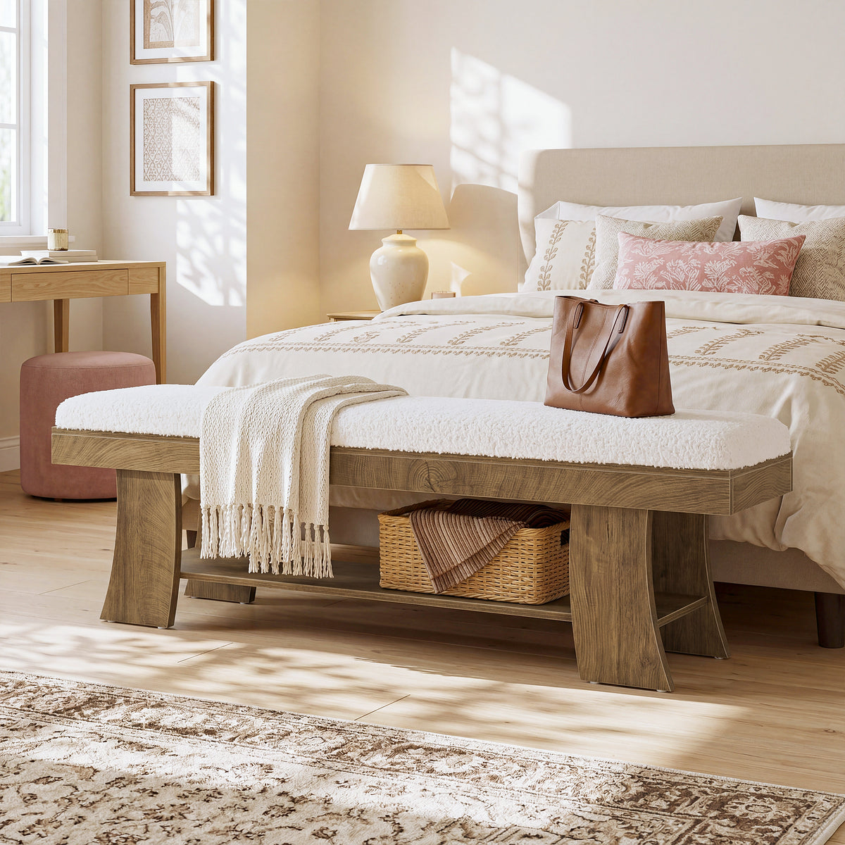 150cm Entryway Bench, Upholstered Shoe Bench with Cushion & Storage Shelf for Hallway