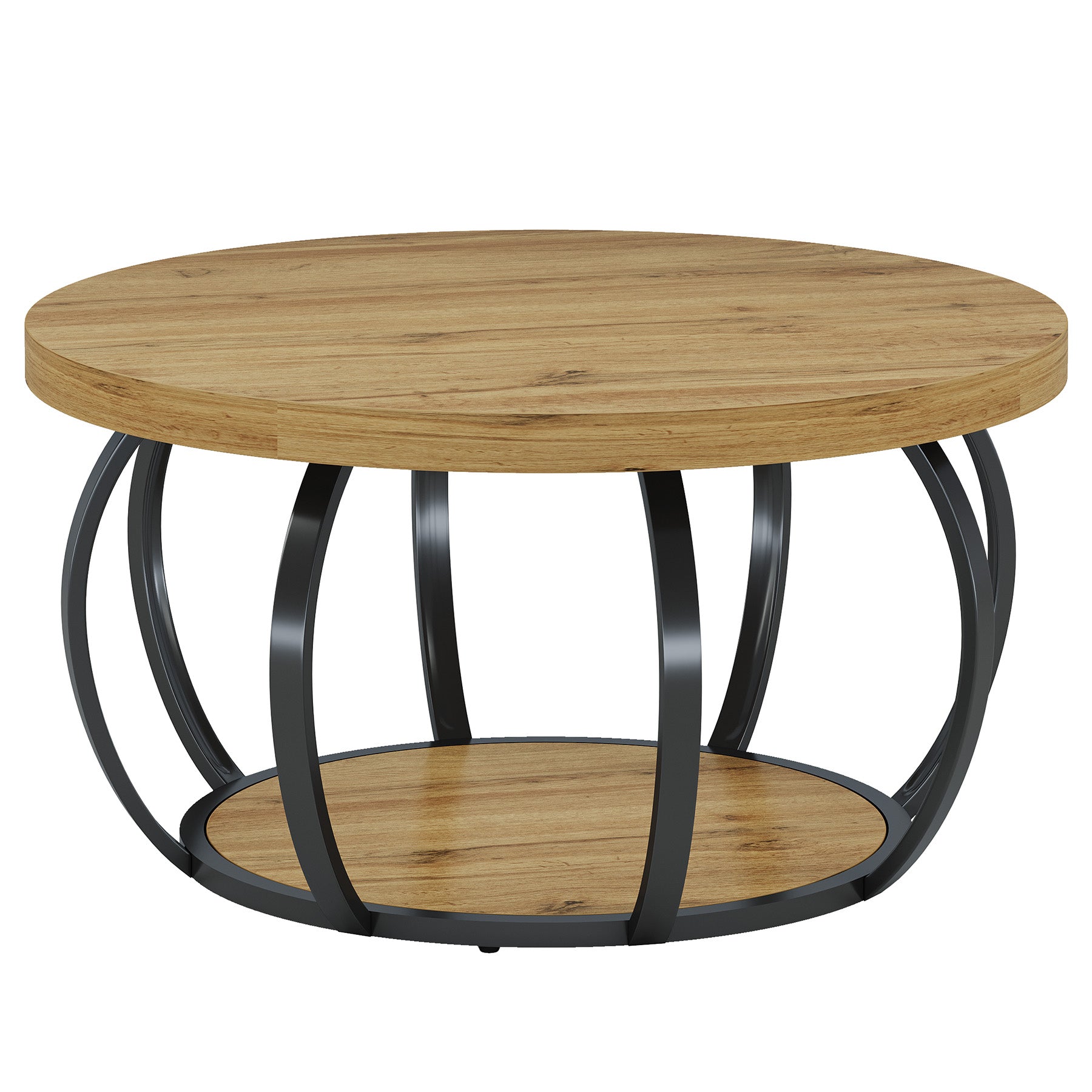 31.5" Round Coffee Table, 2-Tier Farmhouse Center Table with Wood & Black Metal for Living Room