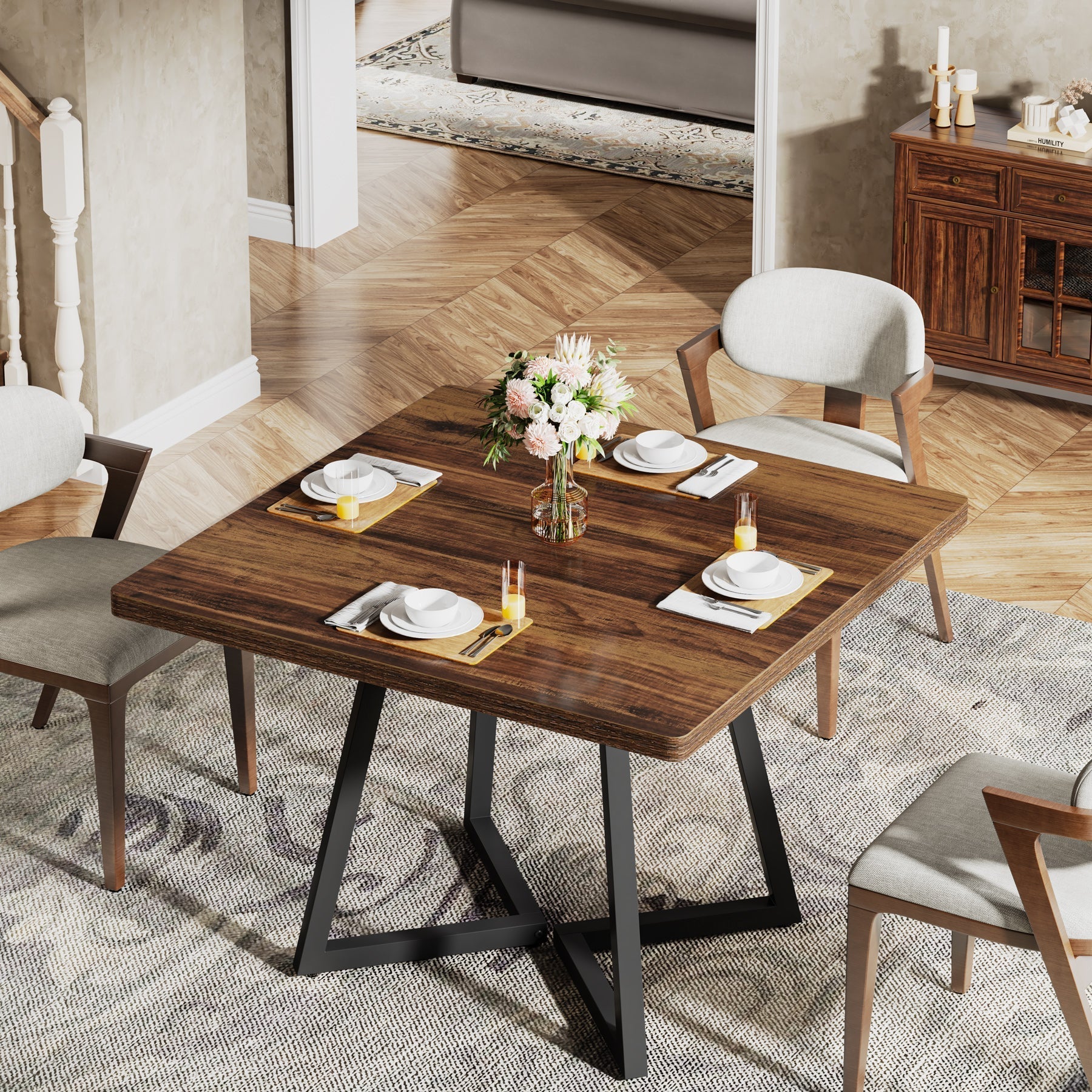 31.5" Square Dining Table, Wood Kitchen Table with Metal Legs for 4