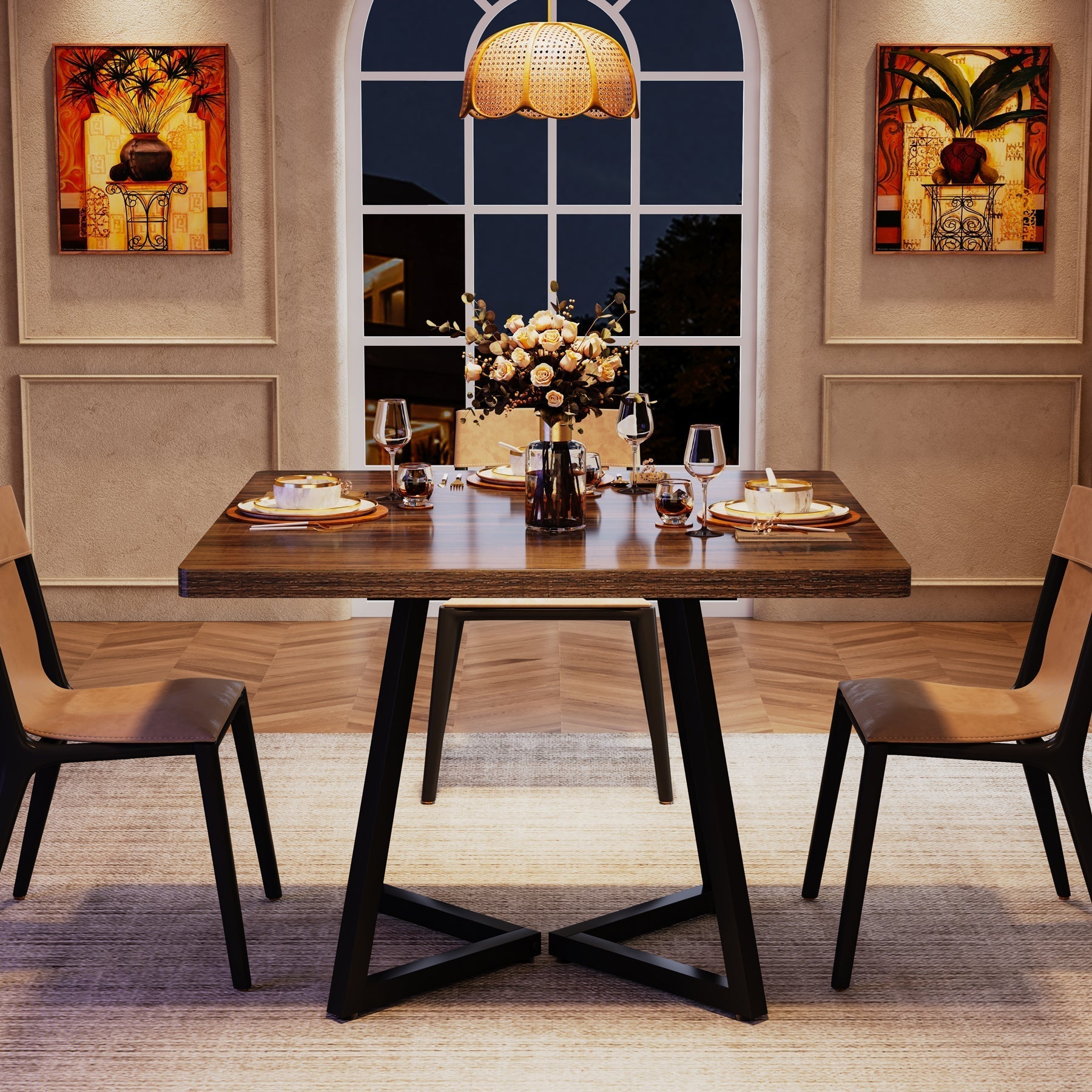 31.5" Square Dining Table, Wood Kitchen Table with Metal Legs for 4