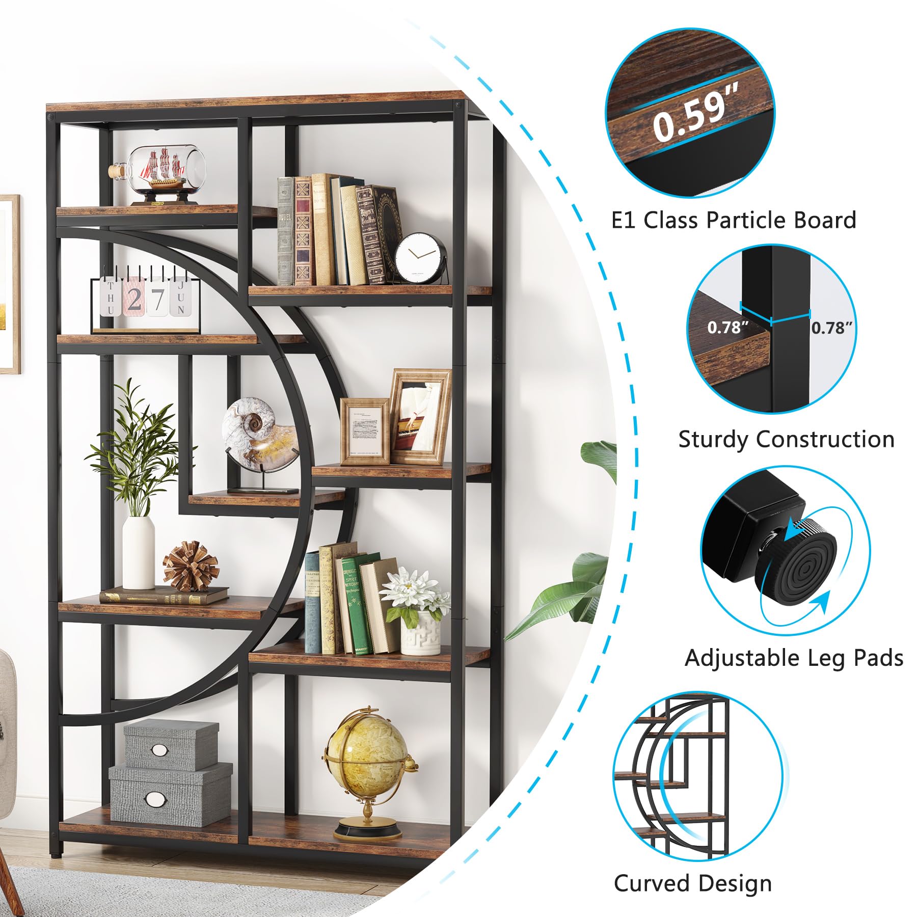 37.4" 5-Tier Industrial Bookshelf for Living Room, Bedroom, Home Office