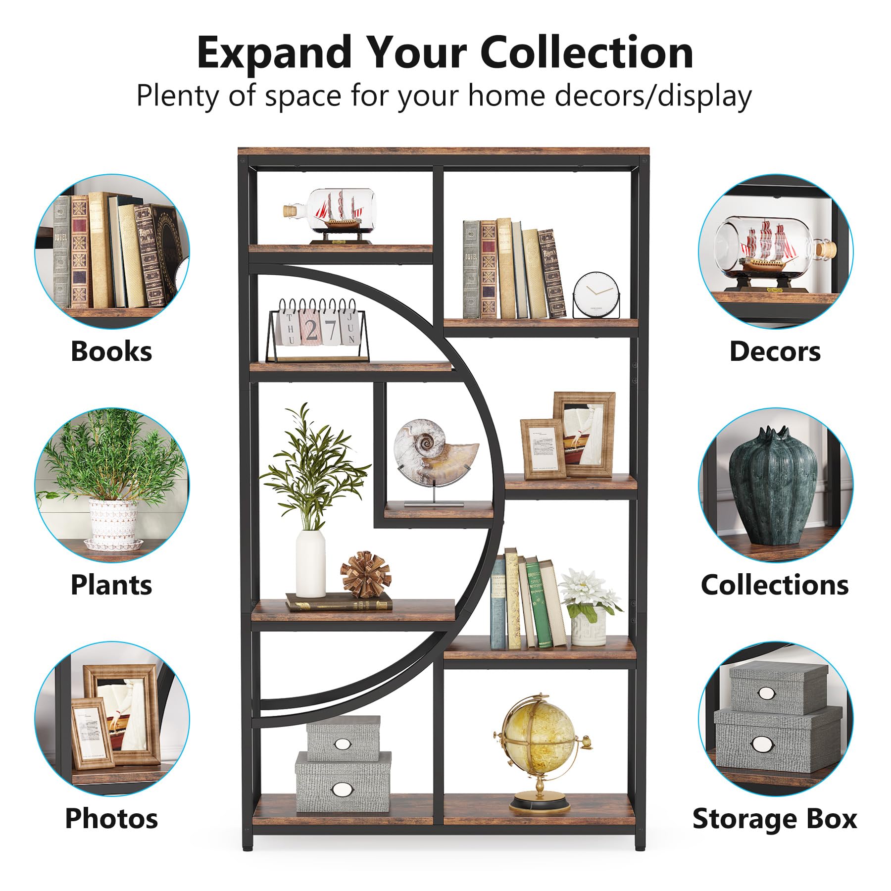 37.4" 5-Tier Industrial Bookshelf for Living Room, Bedroom, Home Office