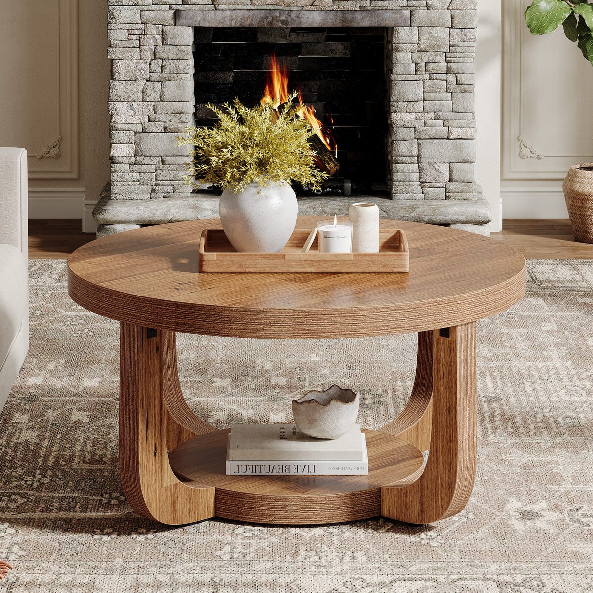 80cm Round Coffee Table, 2-Tier Storage Coffee Table for Living Room & Bedroom