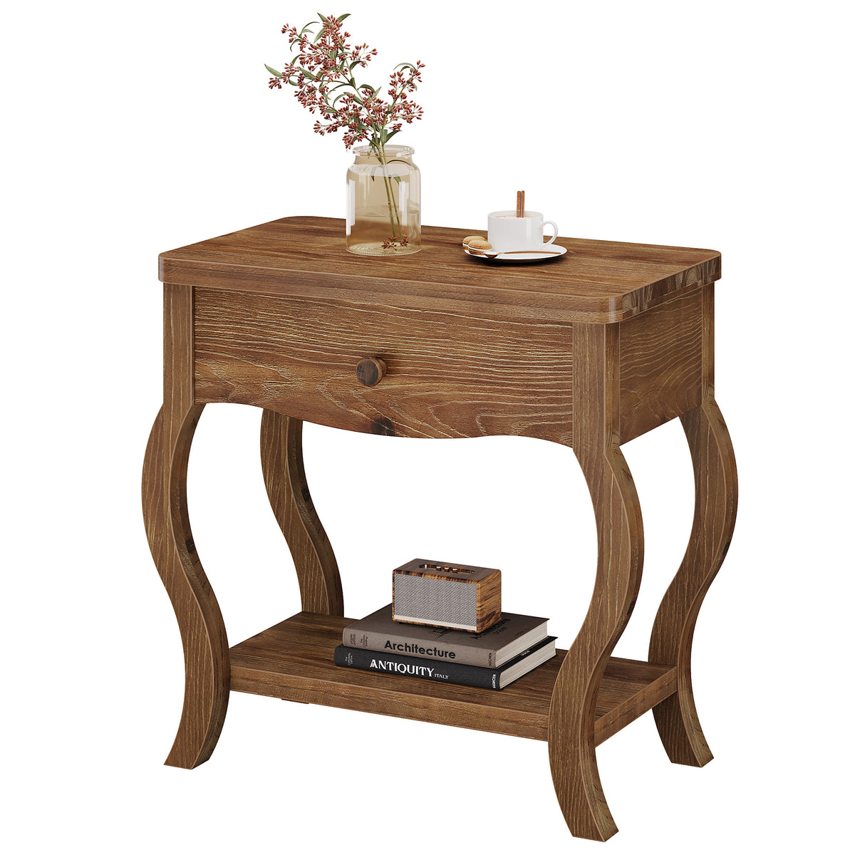 61cm Nightstand, Rustic Solid Wood Bedside Table with Drawer & Shelf