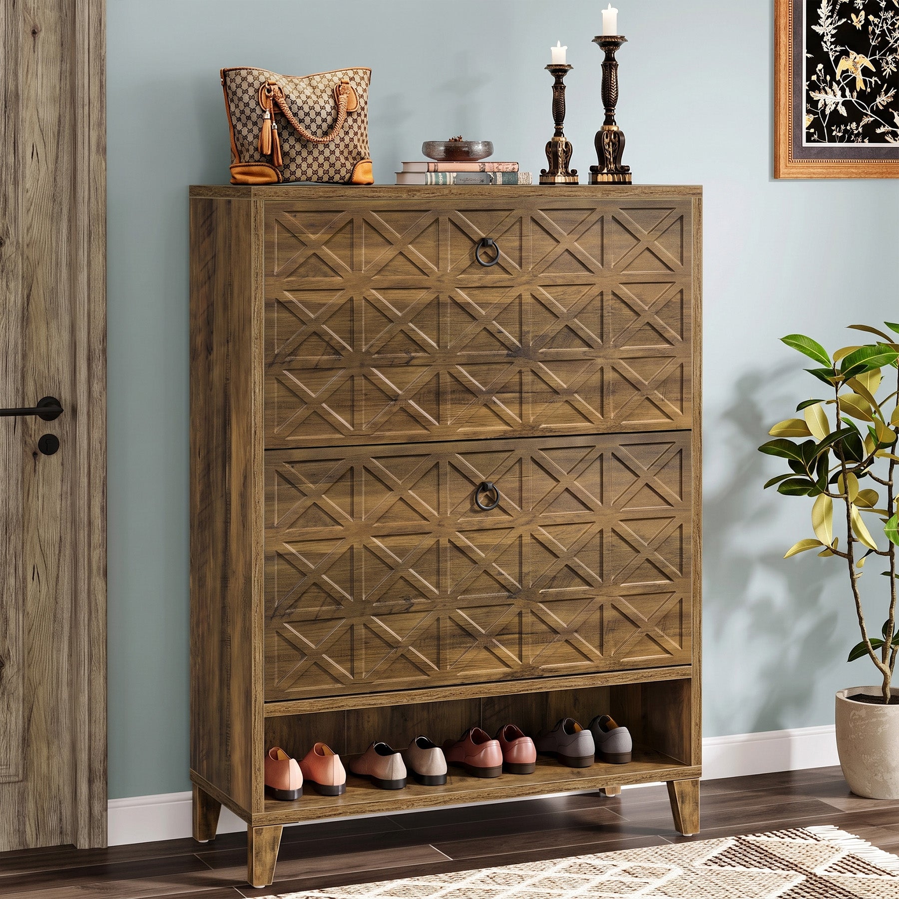 Wood Shoe Cabinet, Shoe Storage Organizer with 2 Flip Drawers