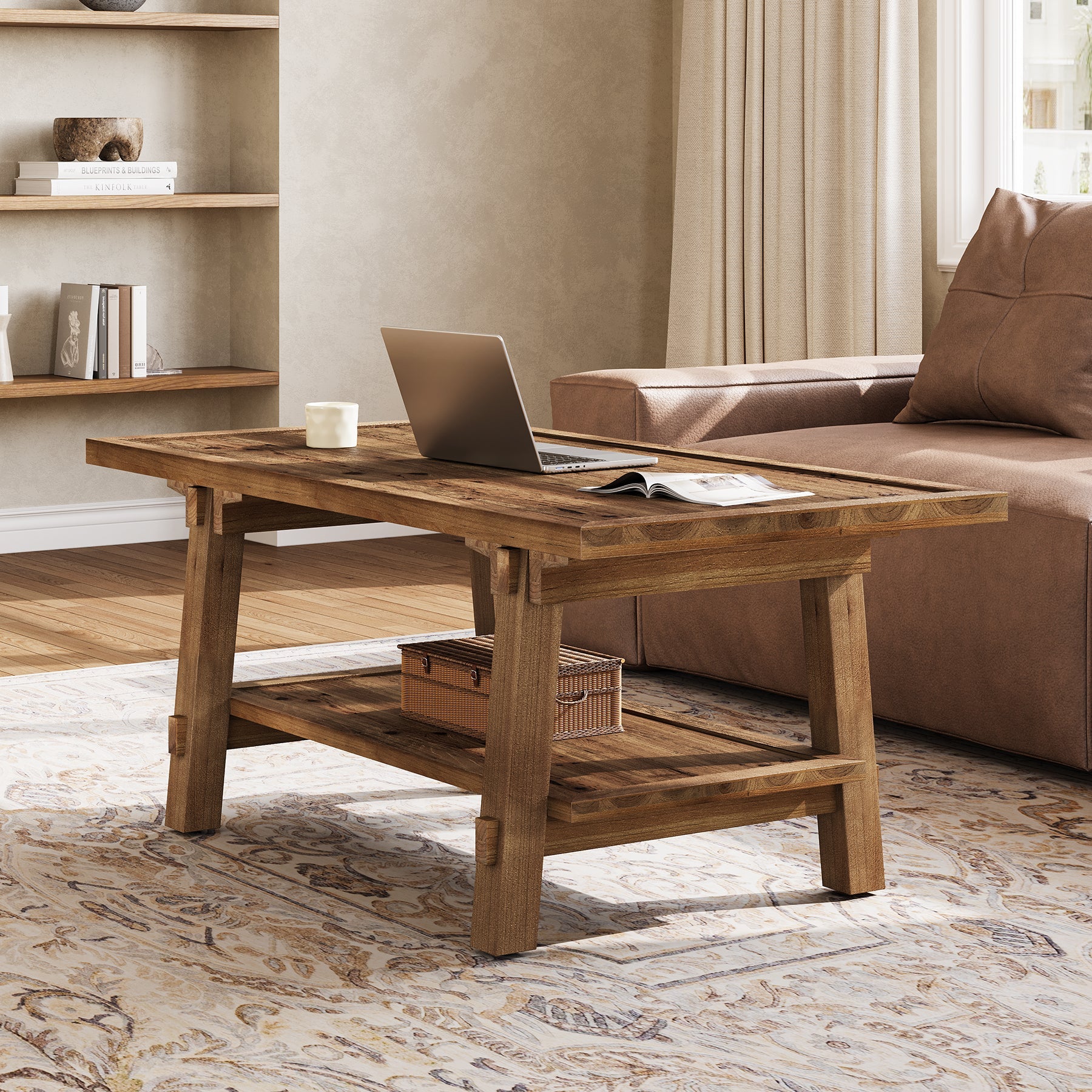47" Solid Wood Coffee Table, Rectangle Center Table with 2-Tier Shelves