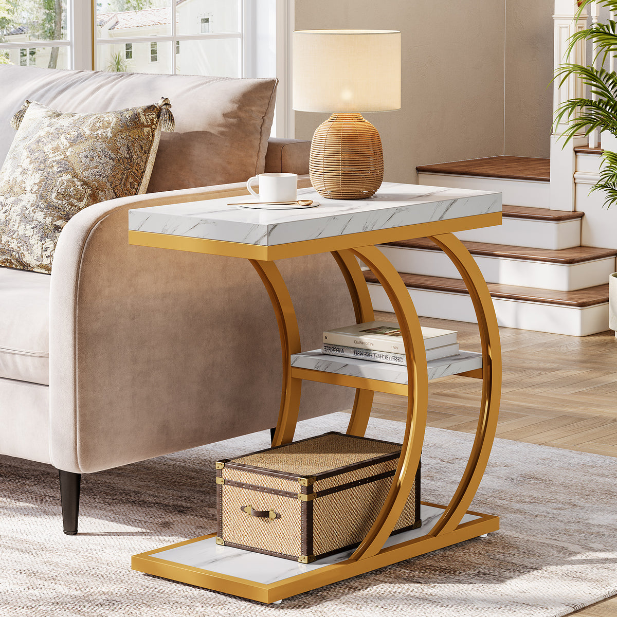 60cm End Table, 3-Tier Couch C-Shaped Side Table with Storage