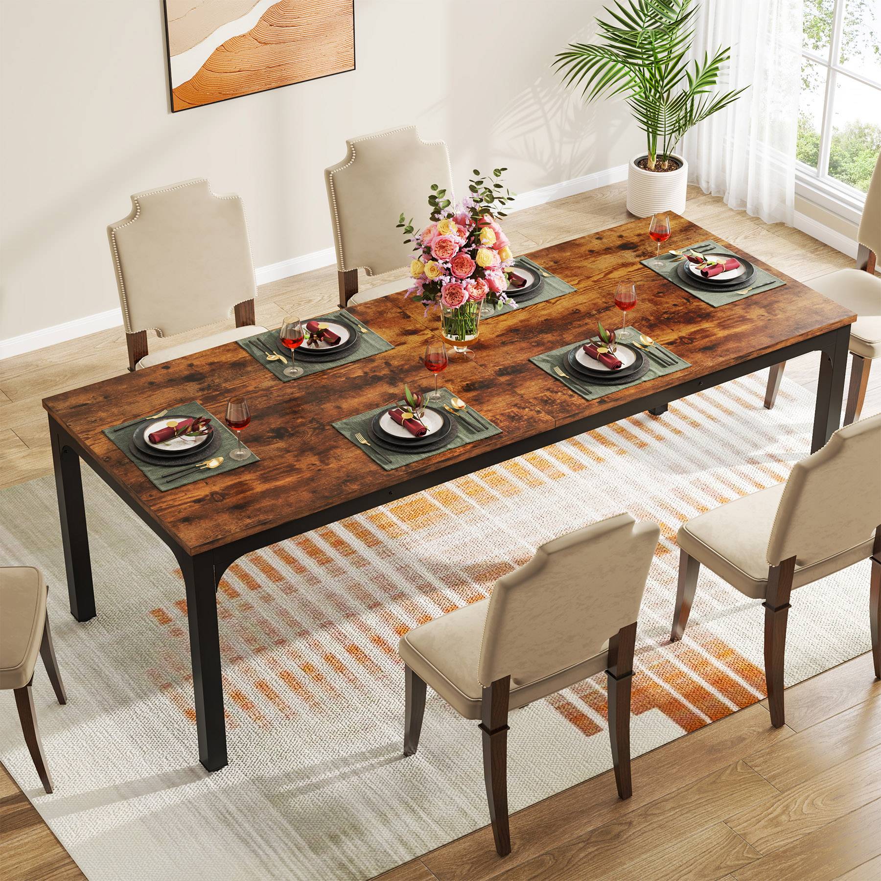 78" Rectangular Dining Table, Long Kitchen Table for 6-8 People