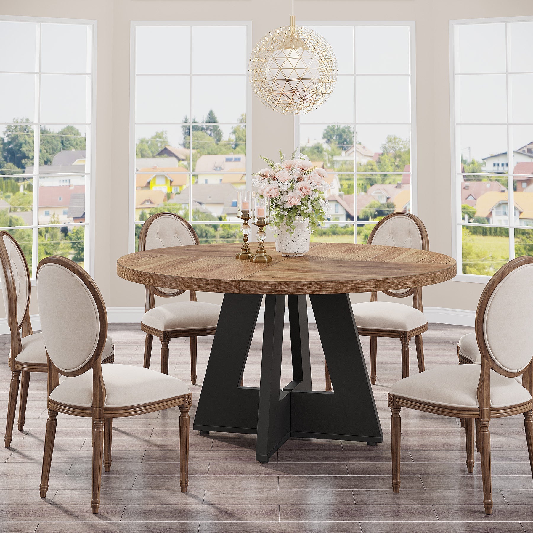 47" Round Dining Table, Farmhouse Wood Kitchen Table for 4-6 with Cross Base