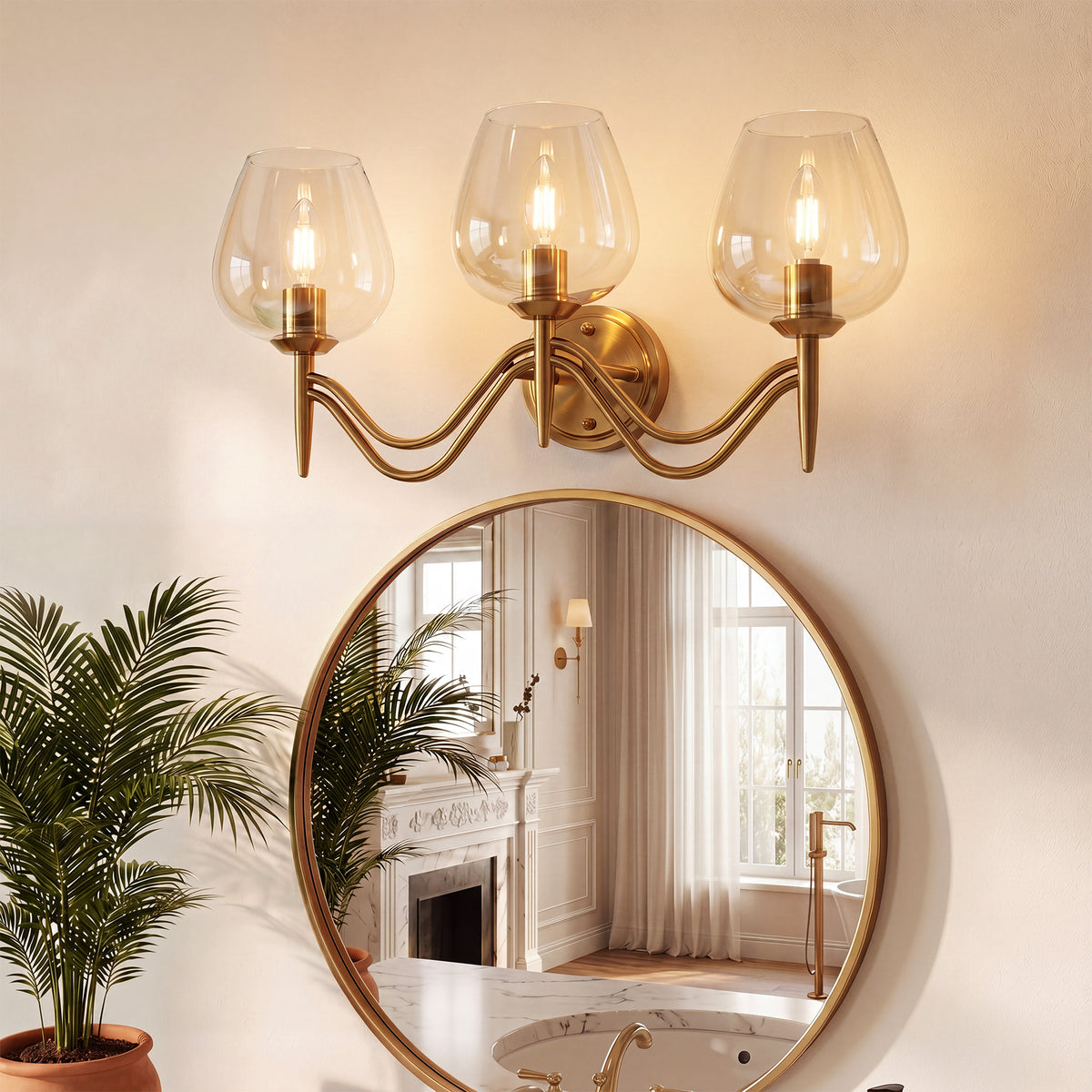 3-Light 22.8" Gold Bathroom Vanity Light, Clear Glass Wall Sconce