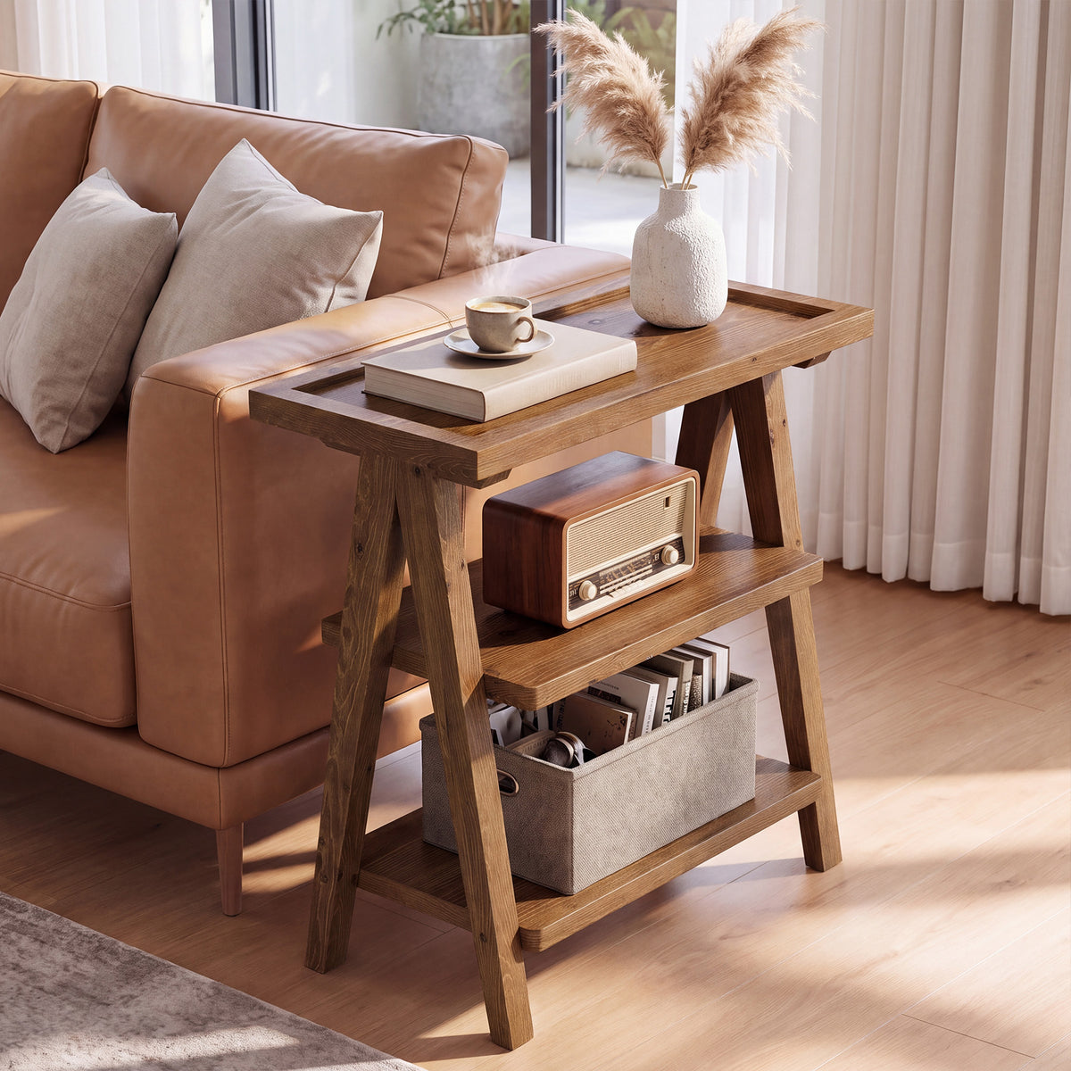 65cm Narrow Side Table, 3-Tier Solid Wood for Living Room