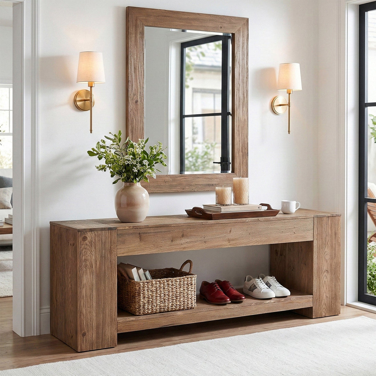 160cm Console Table, Solid Wood Entryway Table with Shelf for Hallway