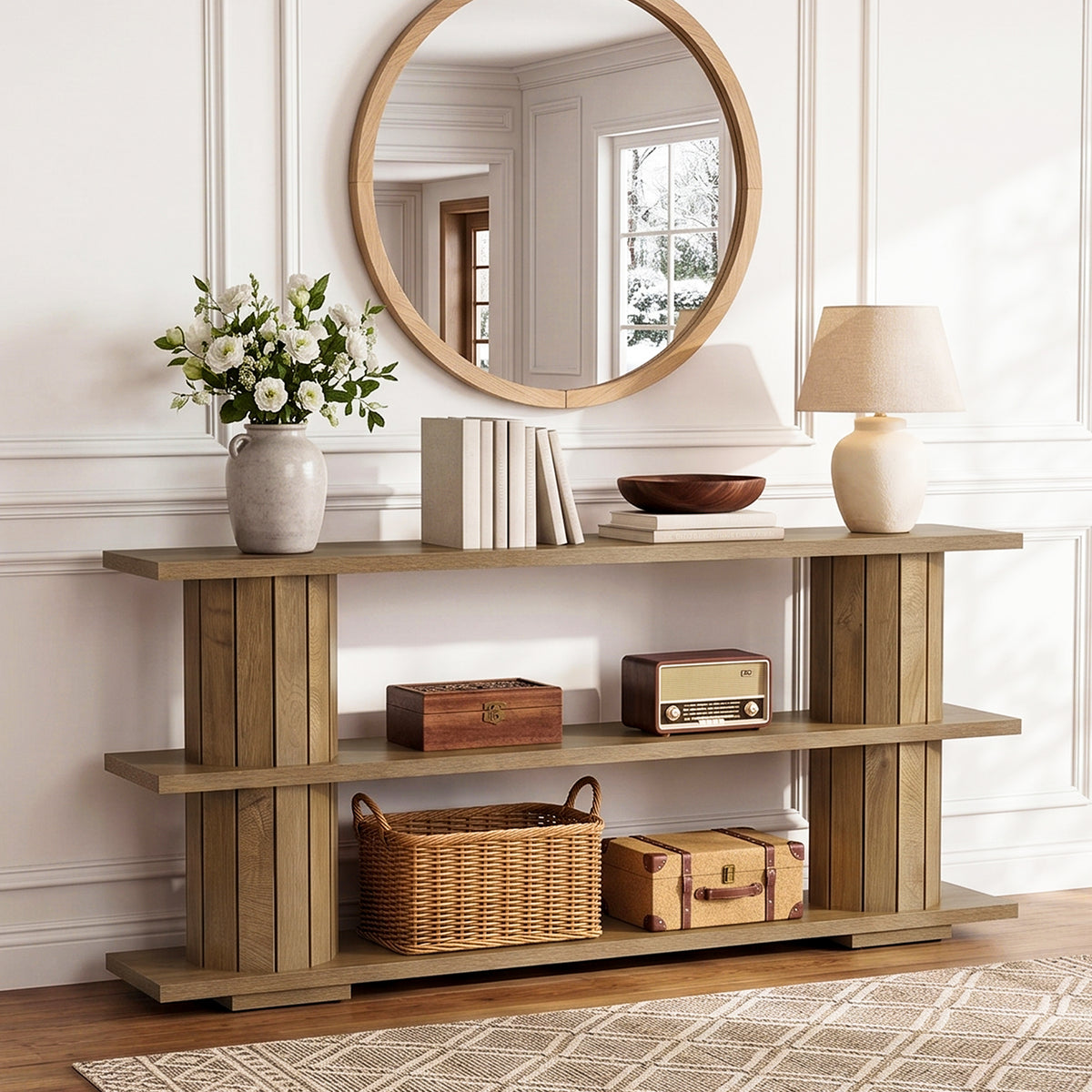 160cm Console Table, 3-Tier Storage Narrow Hallway Table for Living Room Entryway