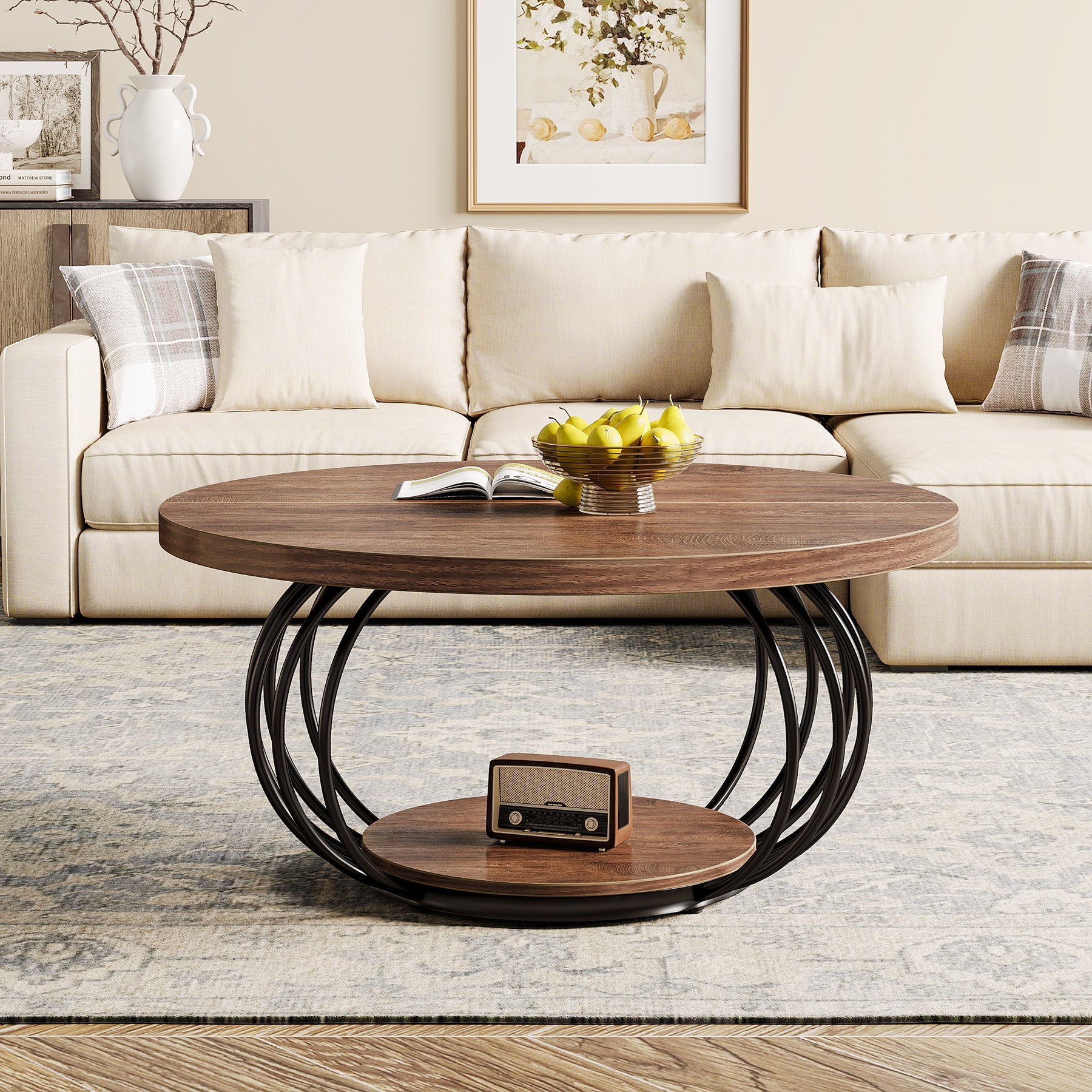 39" Round Coffee Table - 2-Tier Industrial Cocktail Table with Metal Frame, Rustic Brown & Black
